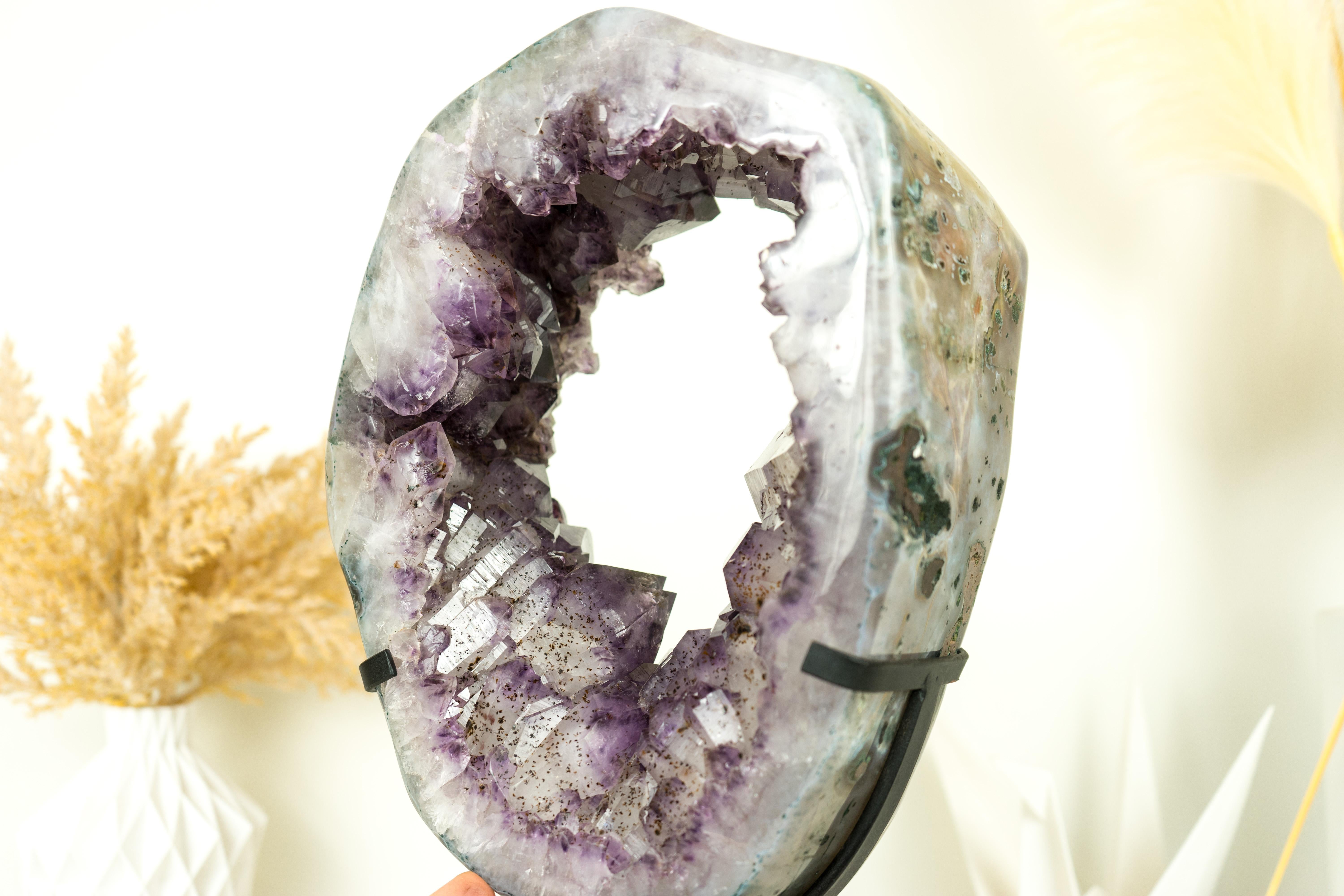 Amethyst Crown Geode Slice with Sparkling Large Purple Druzy on Rotating Stand  For Sale 5