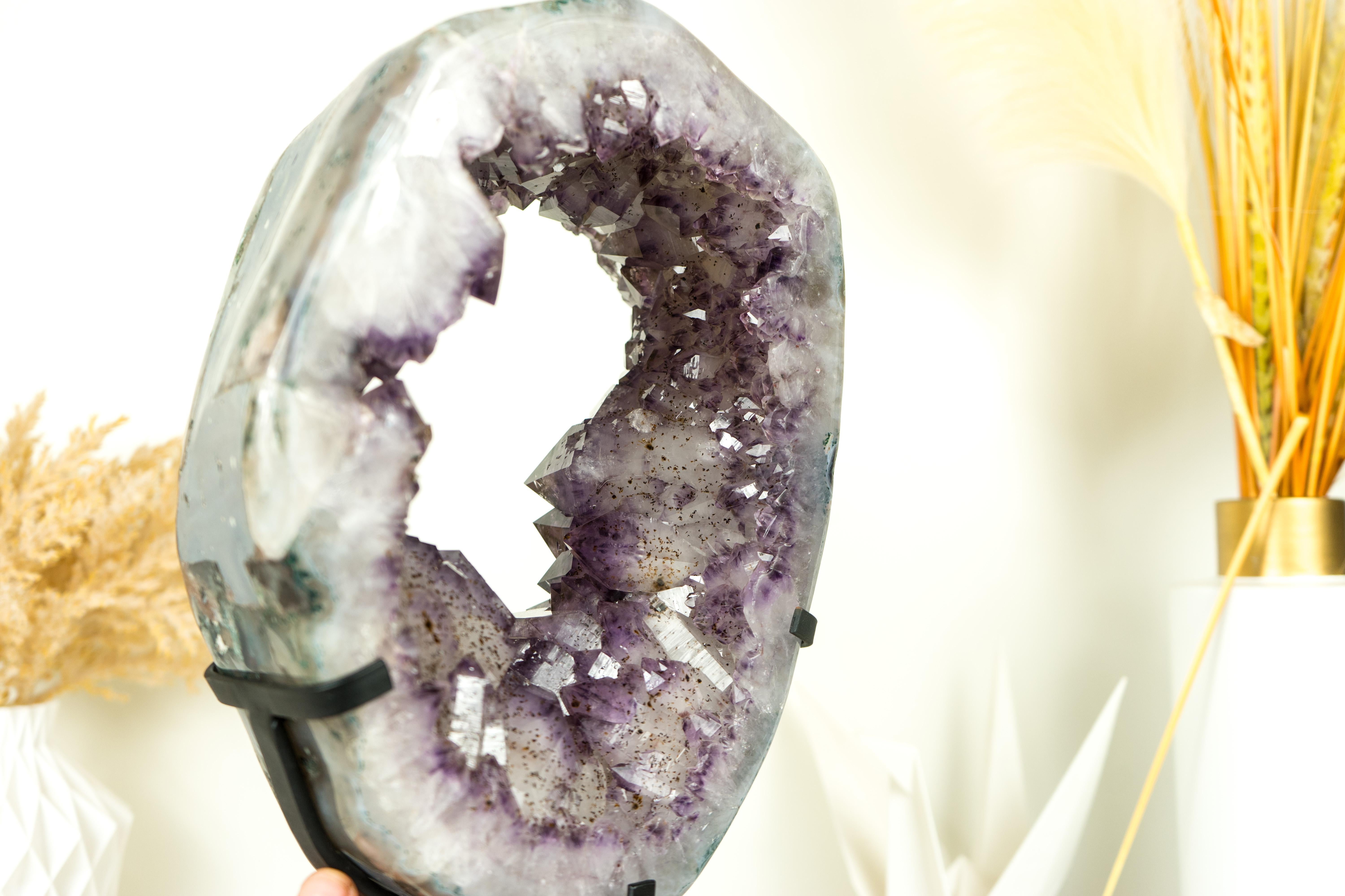 Amethyst Crown Geode Slice with Sparkling Large Purple Druzy on Rotating Stand  For Sale 6