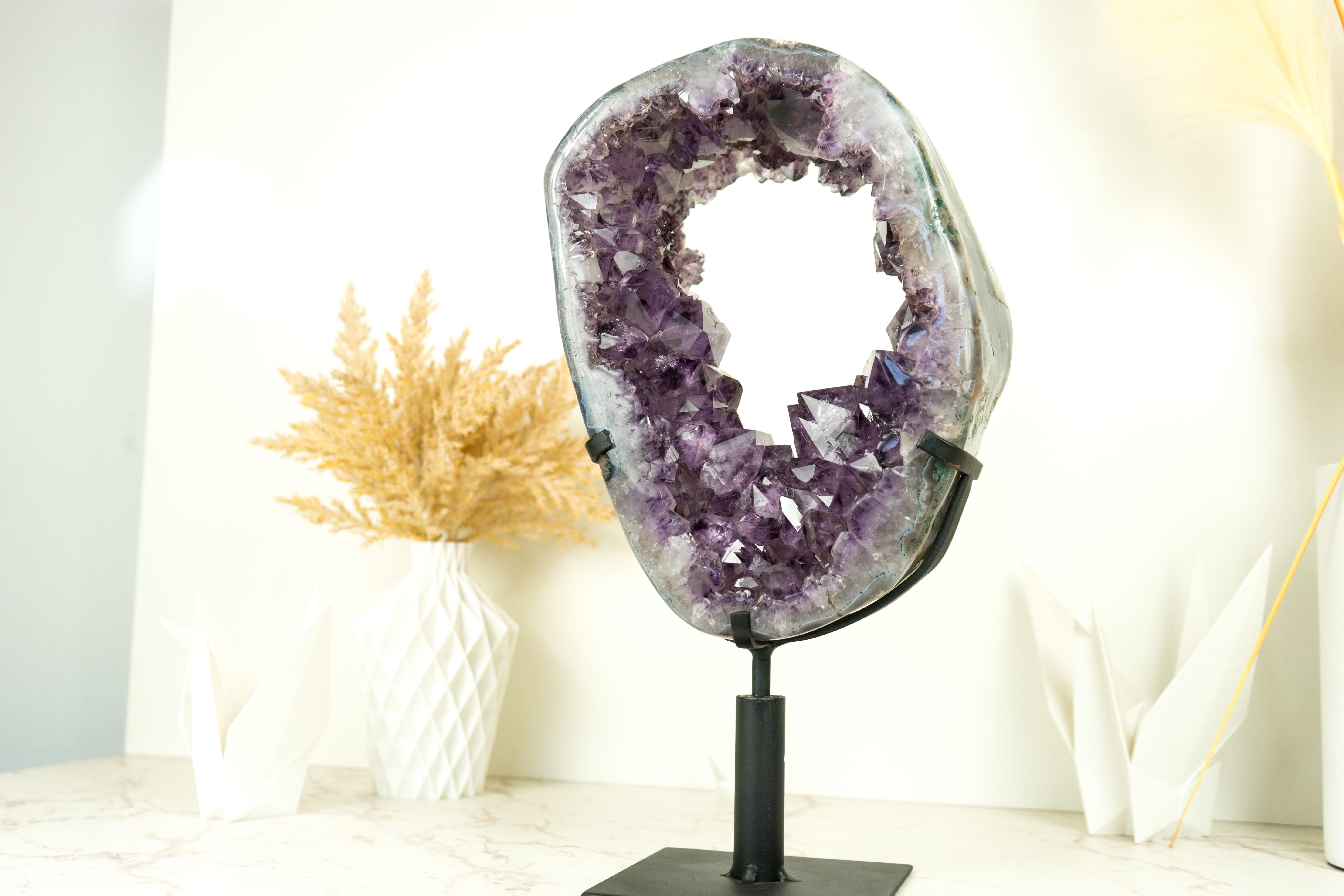 Agate Amethyst Crown Geode Slice with Sparkling Large Purple Druzy on Rotating Stand  For Sale