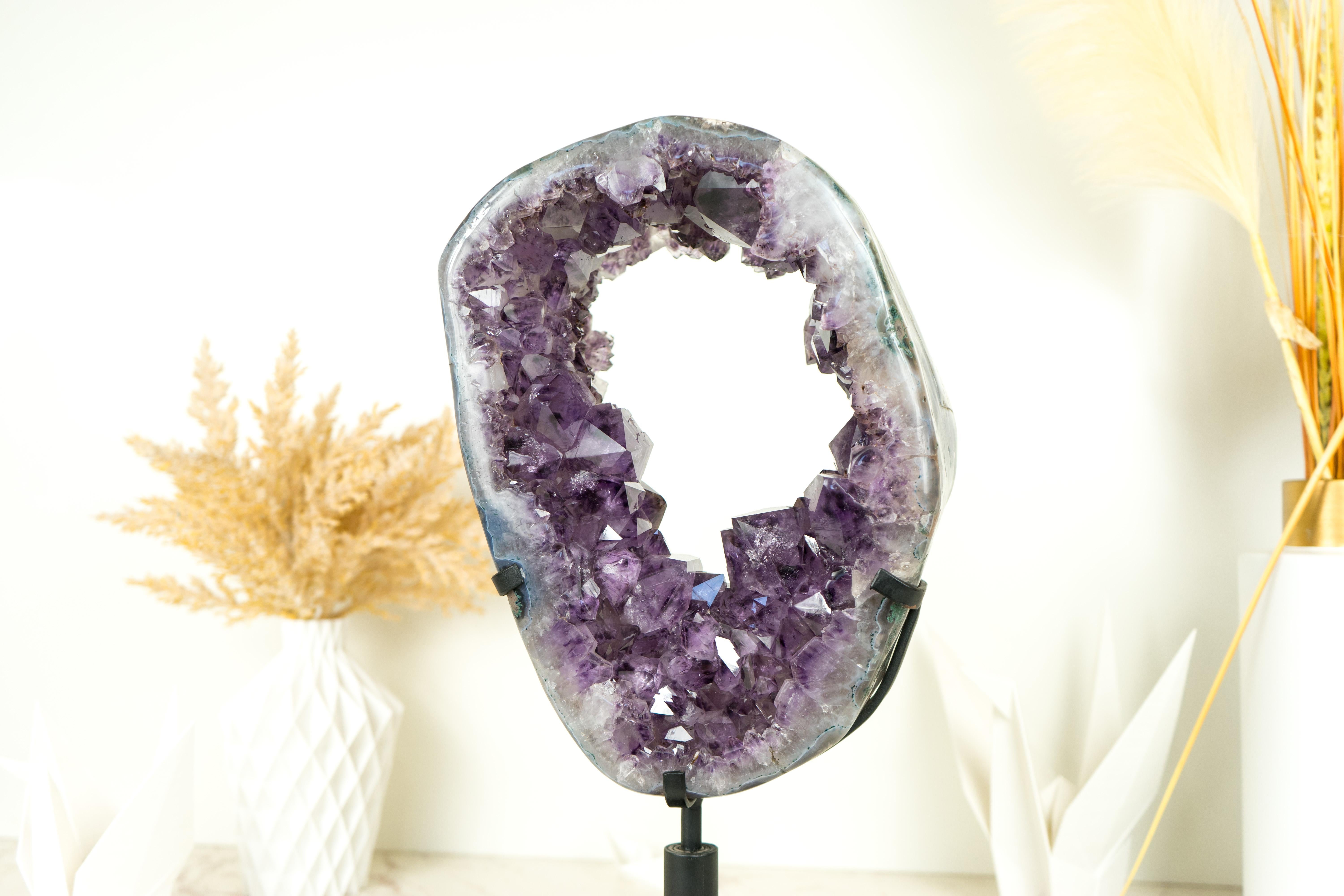 Amethyst Crown Geode Slice with Sparkling Large Purple Druzy on Rotating Stand  For Sale 1