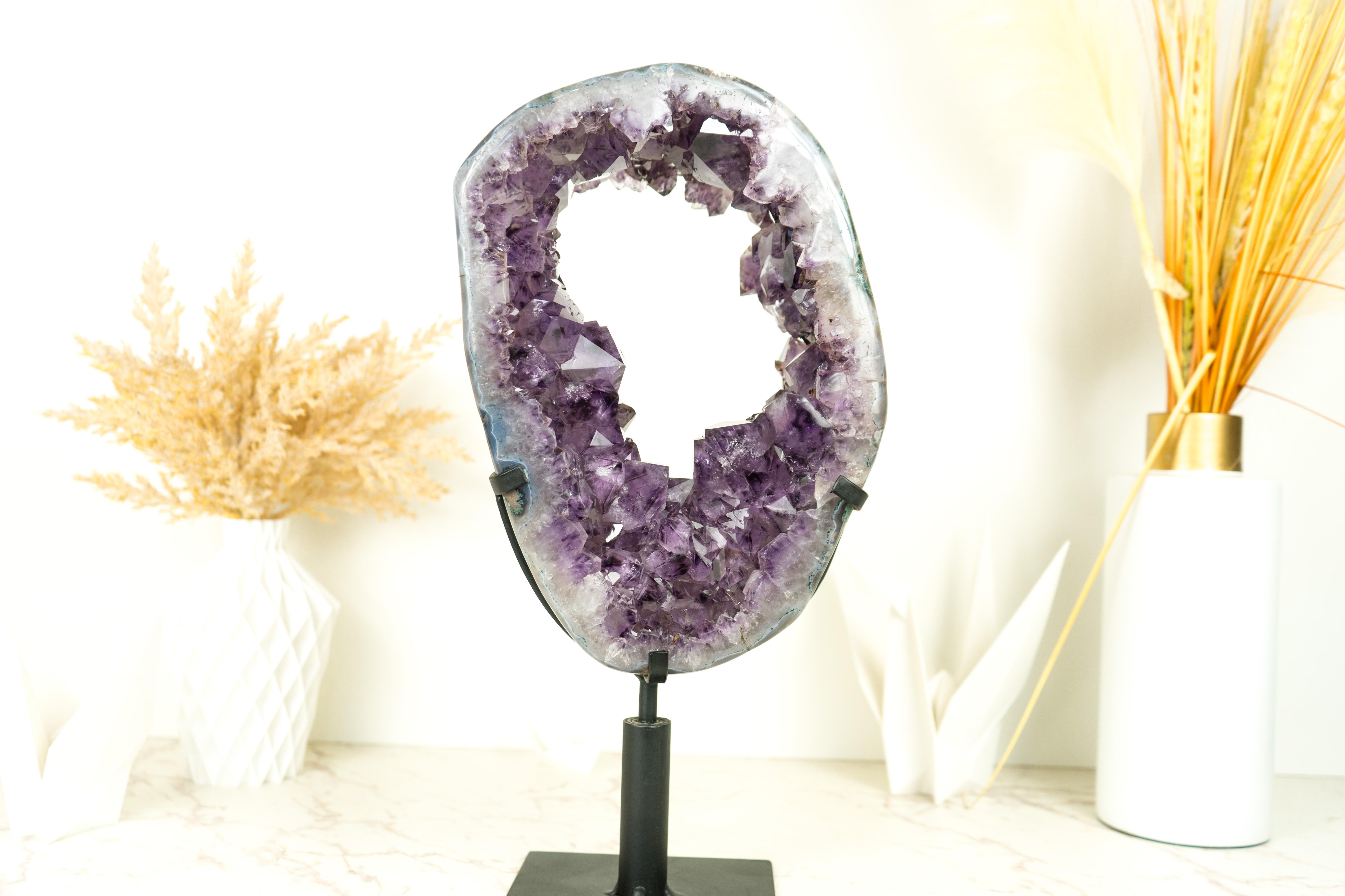 Amethyst Crown Geode Slice with Sparkling Large Purple Druzy on Rotating Stand  For Sale 2