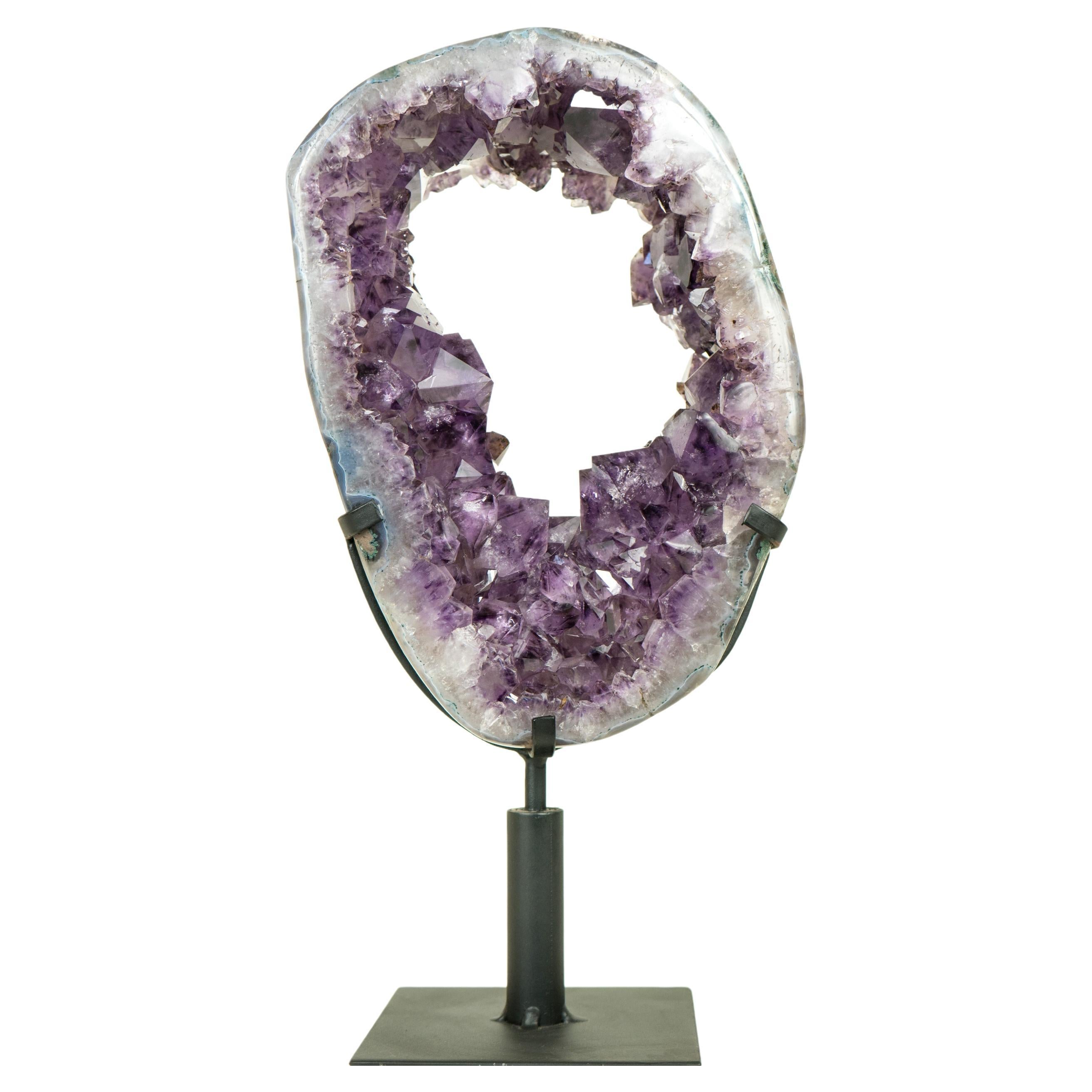 Amethyst Crown Geode Slice with Sparkling Large Purple Druzy on Rotating Stand  For Sale