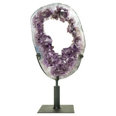 Amethyst Crown Geode Slice with Sparkling Large Purple Druzy on Rotating Stand 