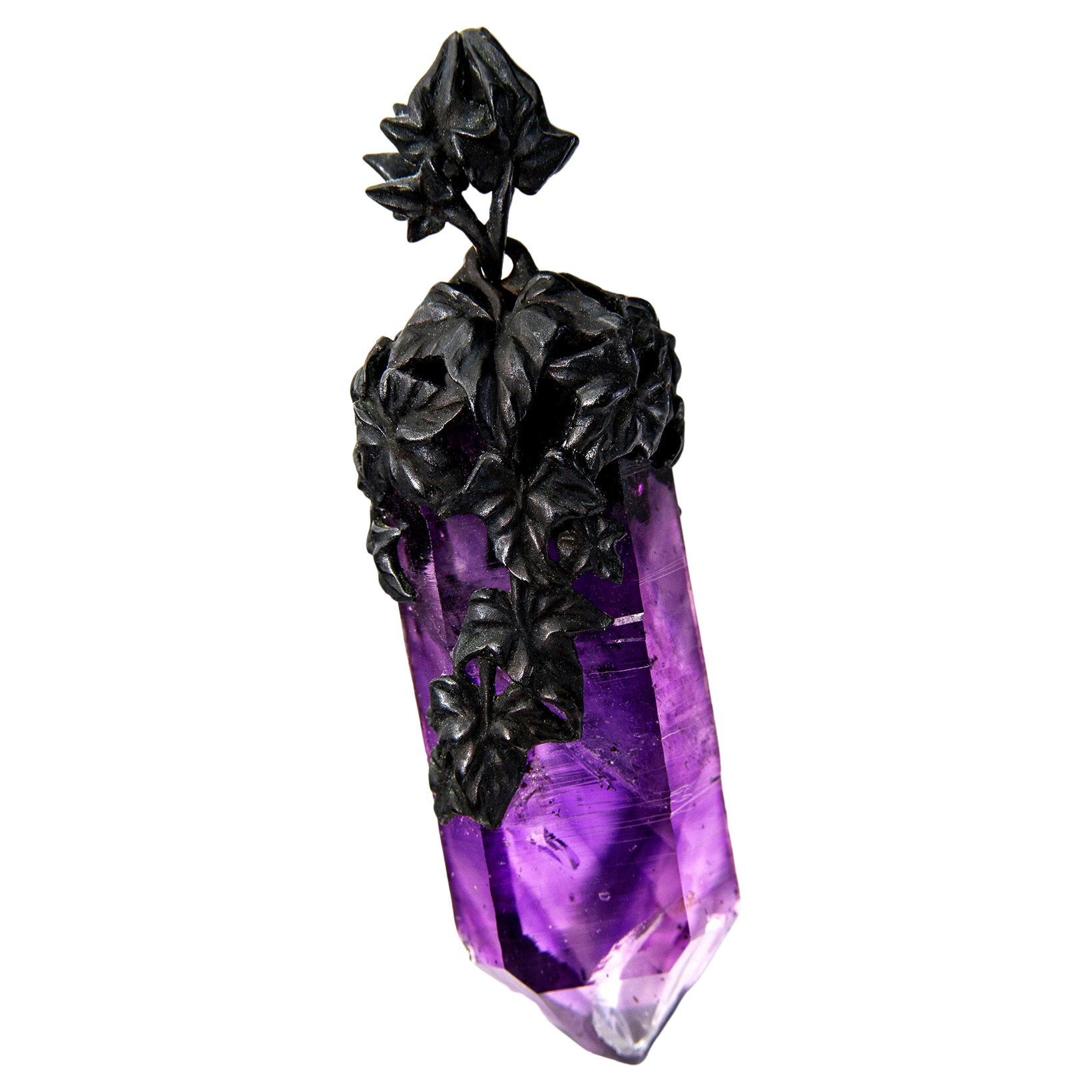 Amethyst Crystal Black Gold Pendant Deep Purple Made in Paris For Sale