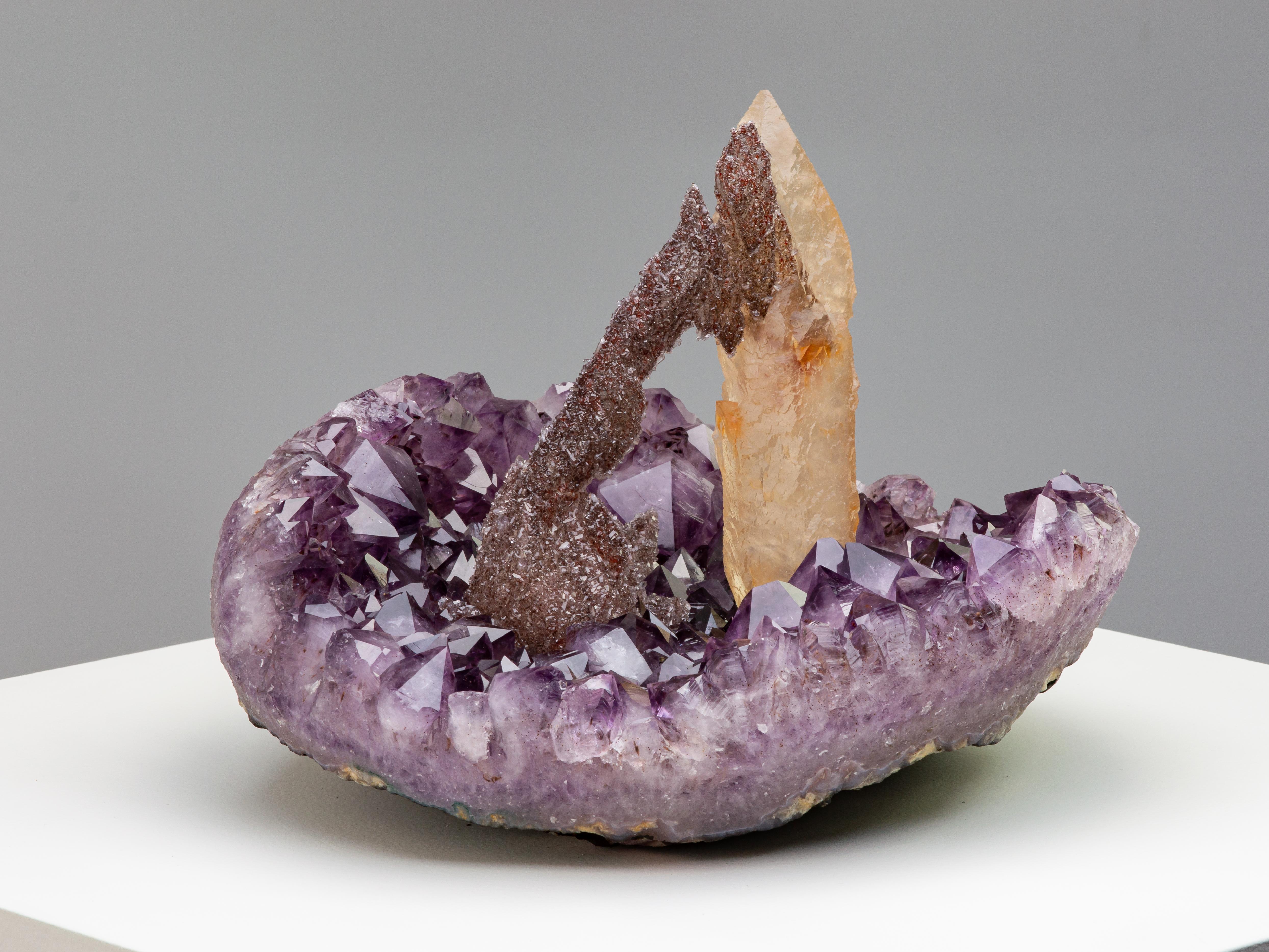 Uruguayan Amethyst Crystal Cluster with Exceptional Calcite Formation, Mineral Art For Sale
