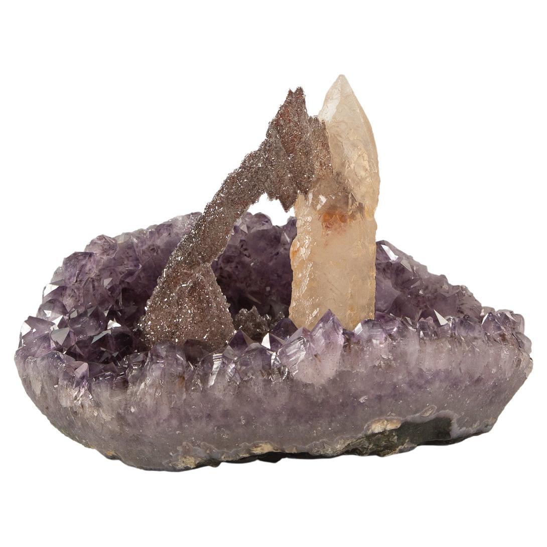 Amethyst Crystal Cluster with Exceptional Calcite Formation, Mineral Art