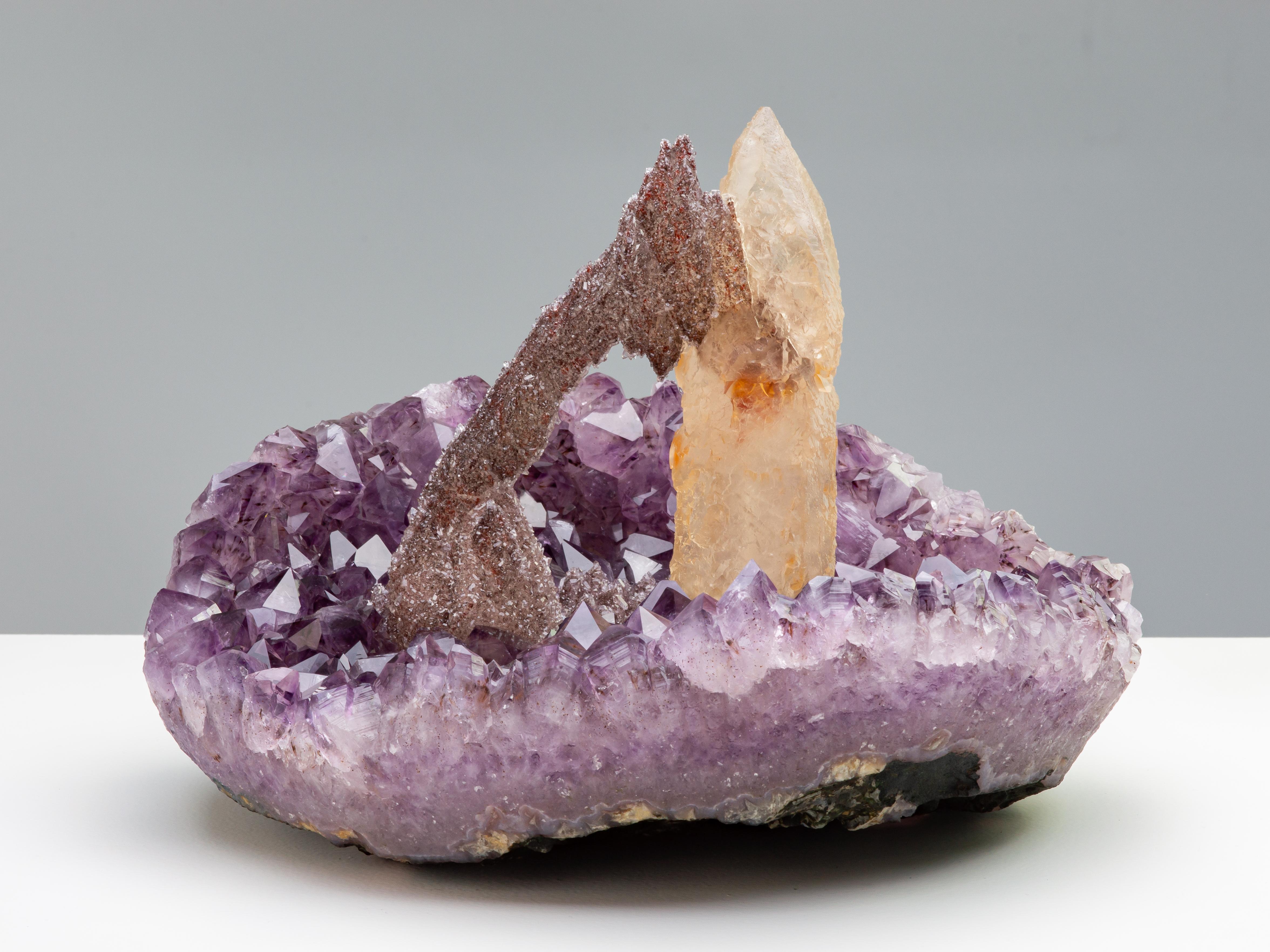 Amethyst Crystal Cluster with Exceptional Calcite Formation, Mineral Art
