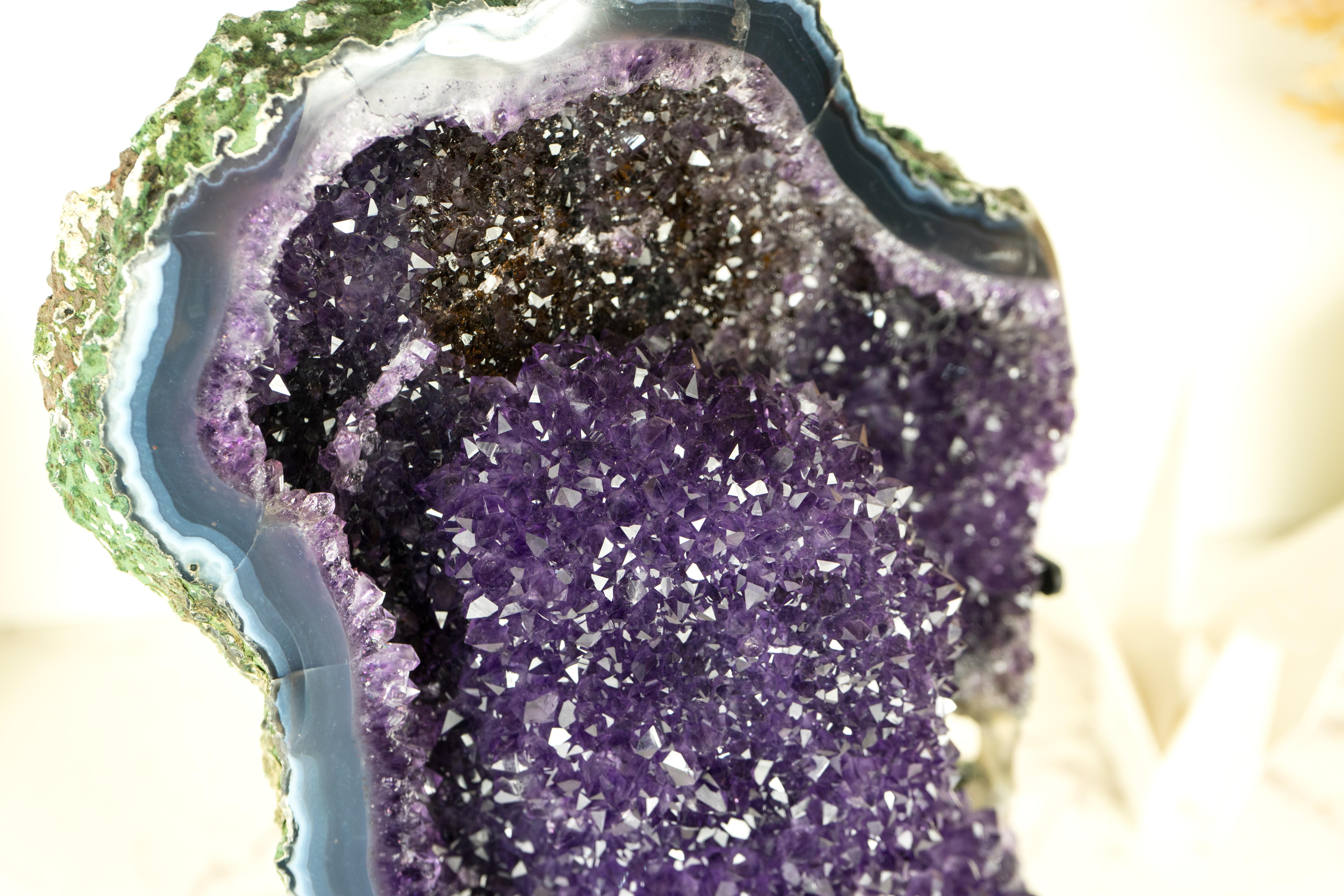 Amethyst Crystal Geode Cluster with Deep Purple Galaxy Druzy and Banded Agate For Sale 5
