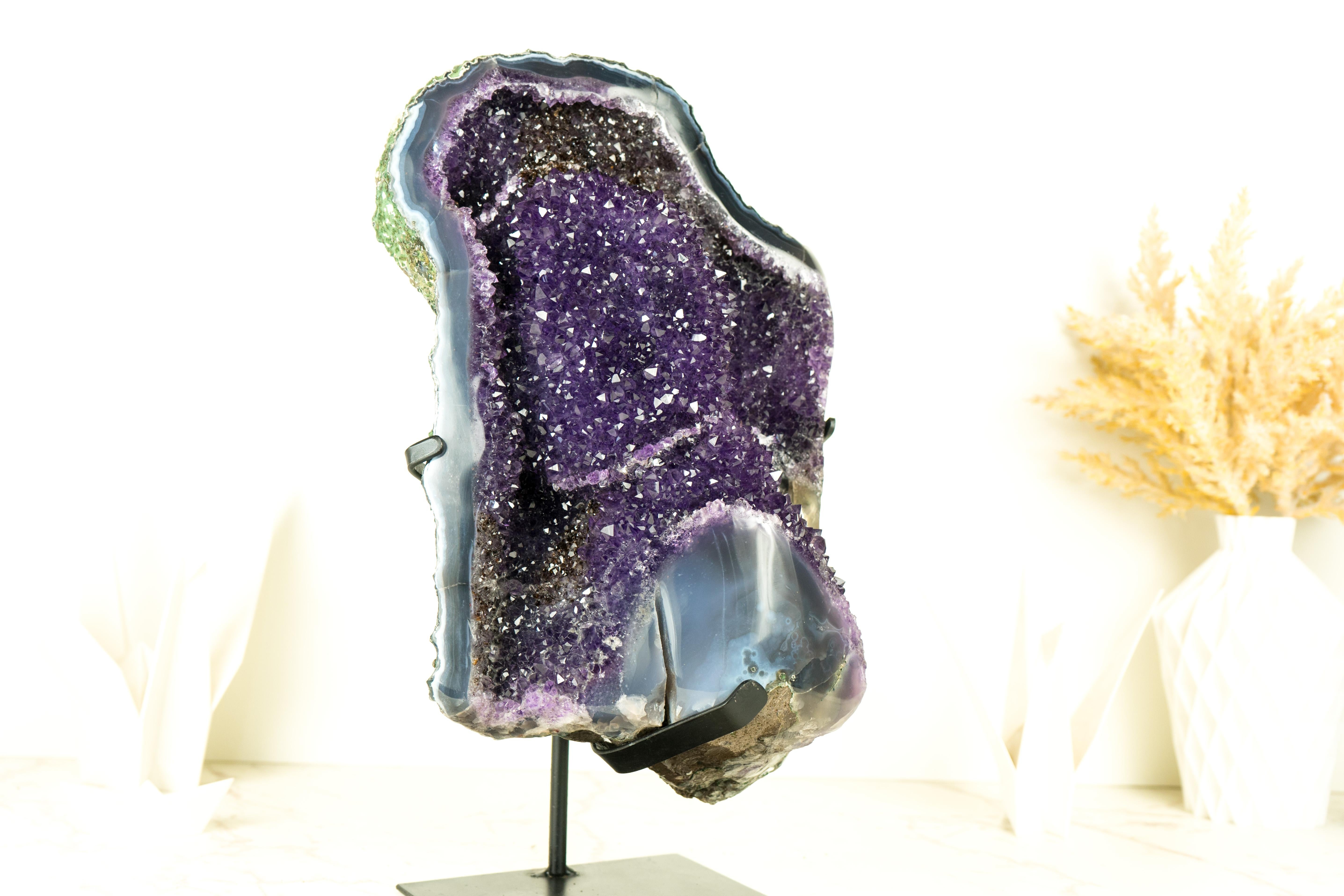 Brazilian Amethyst Crystal Geode Cluster with Deep Purple Galaxy Druzy and Banded Agate For Sale