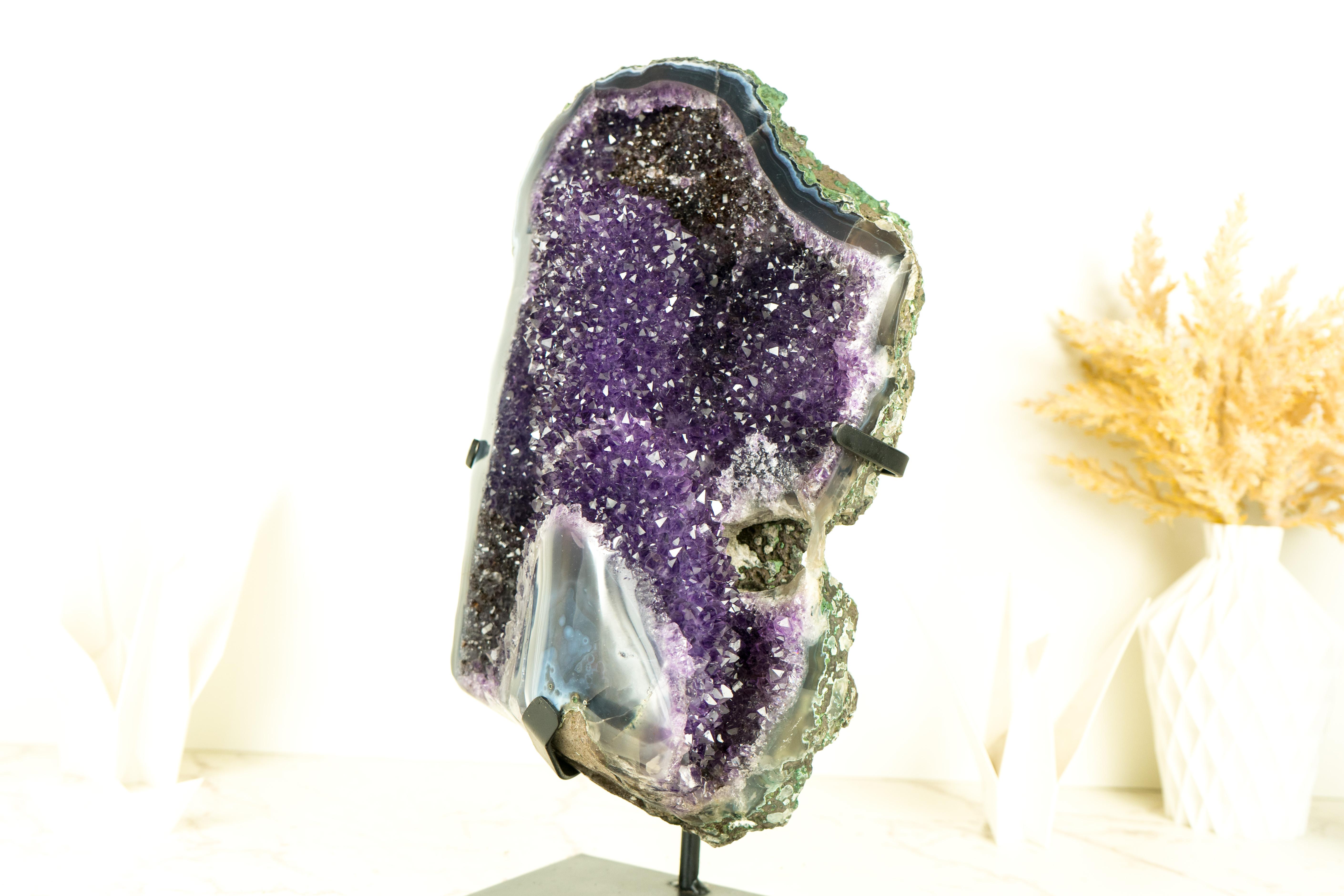 Amethyst Crystal Geode Cluster with Deep Purple Galaxy Druzy and Banded Agate For Sale 2