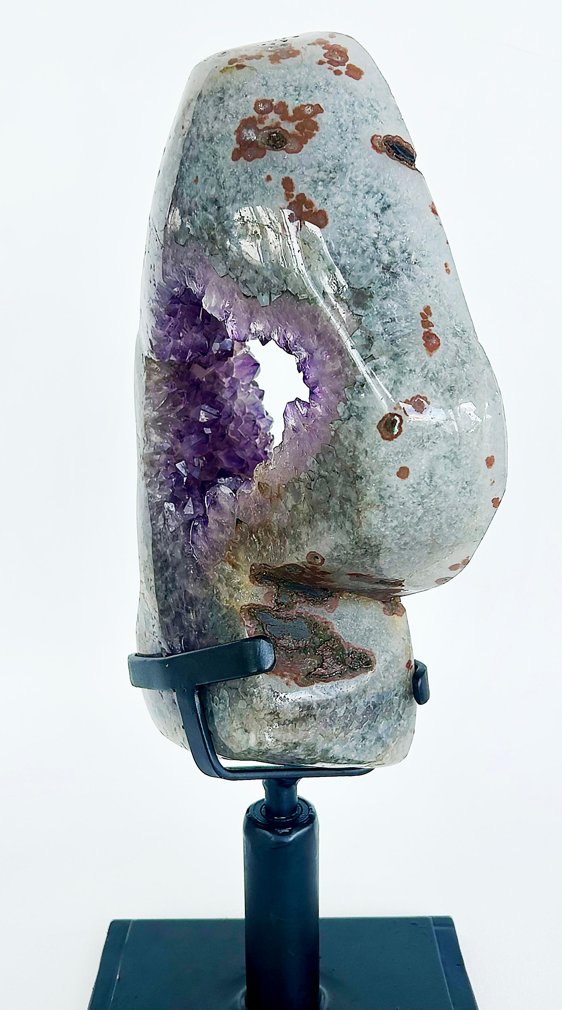 Contemporary Amethyst Crystal Geode (Uruguay) Weighing 23 lbs. on Custom Made Spinning Stand For Sale