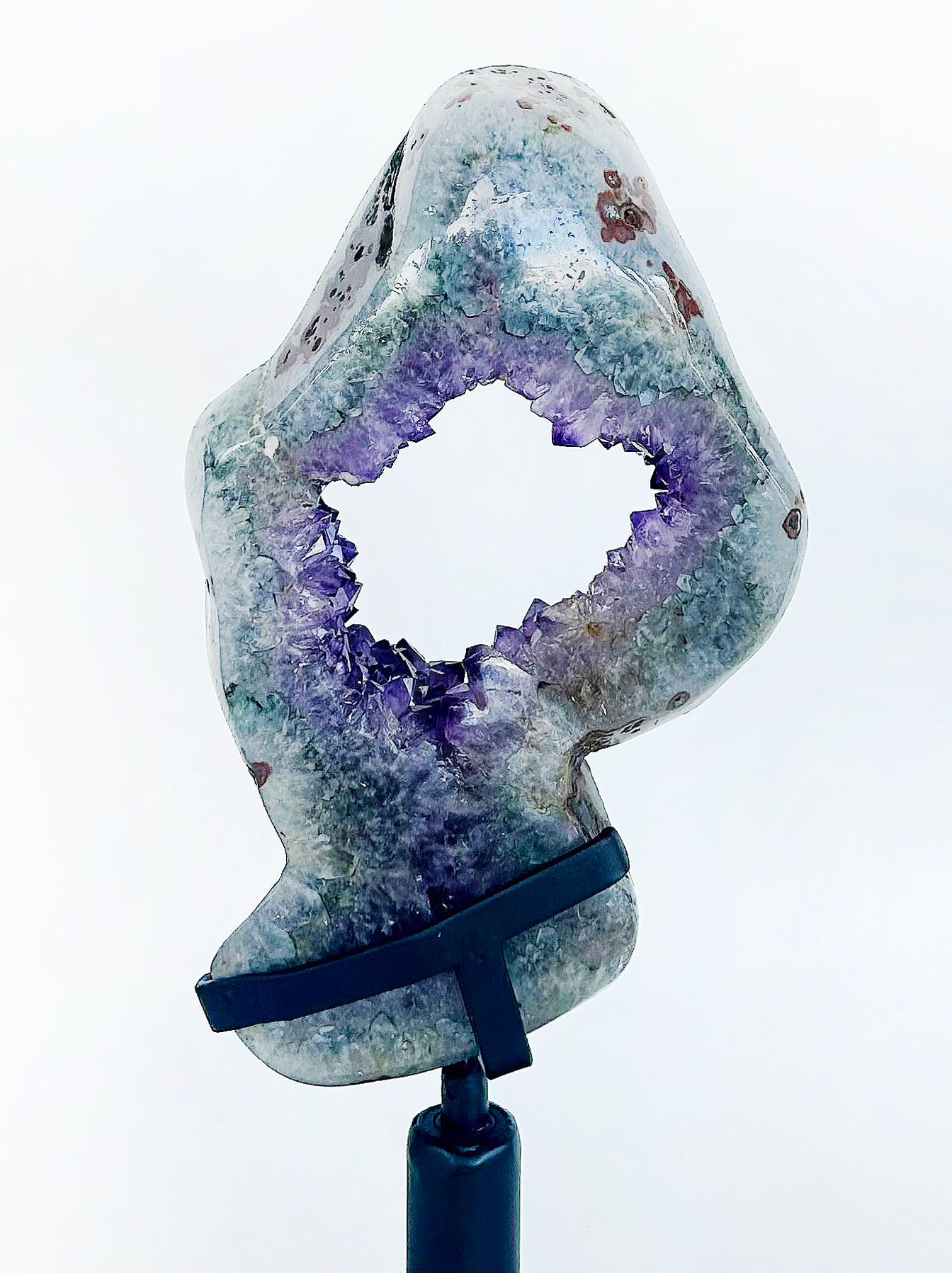 Amethyst Crystal Geode (Uruguay) Weighing 23 lbs. on Custom Made Spinning Stand For Sale 1