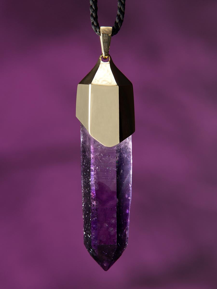 Amethyst Crystal Gold Necklace on Silk Cord For Sale 3