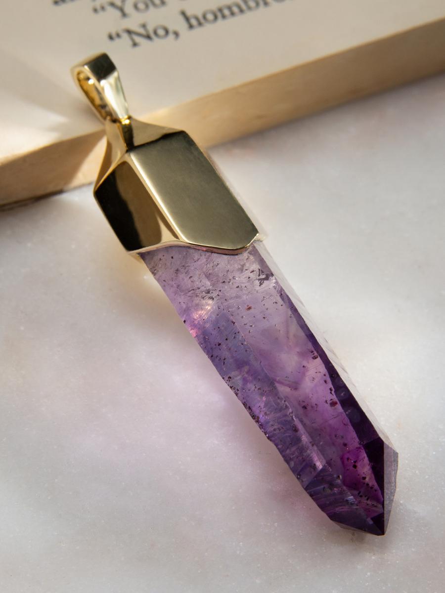 Uncut Amethyst Crystal Gold Necklace on Silk Cord For Sale