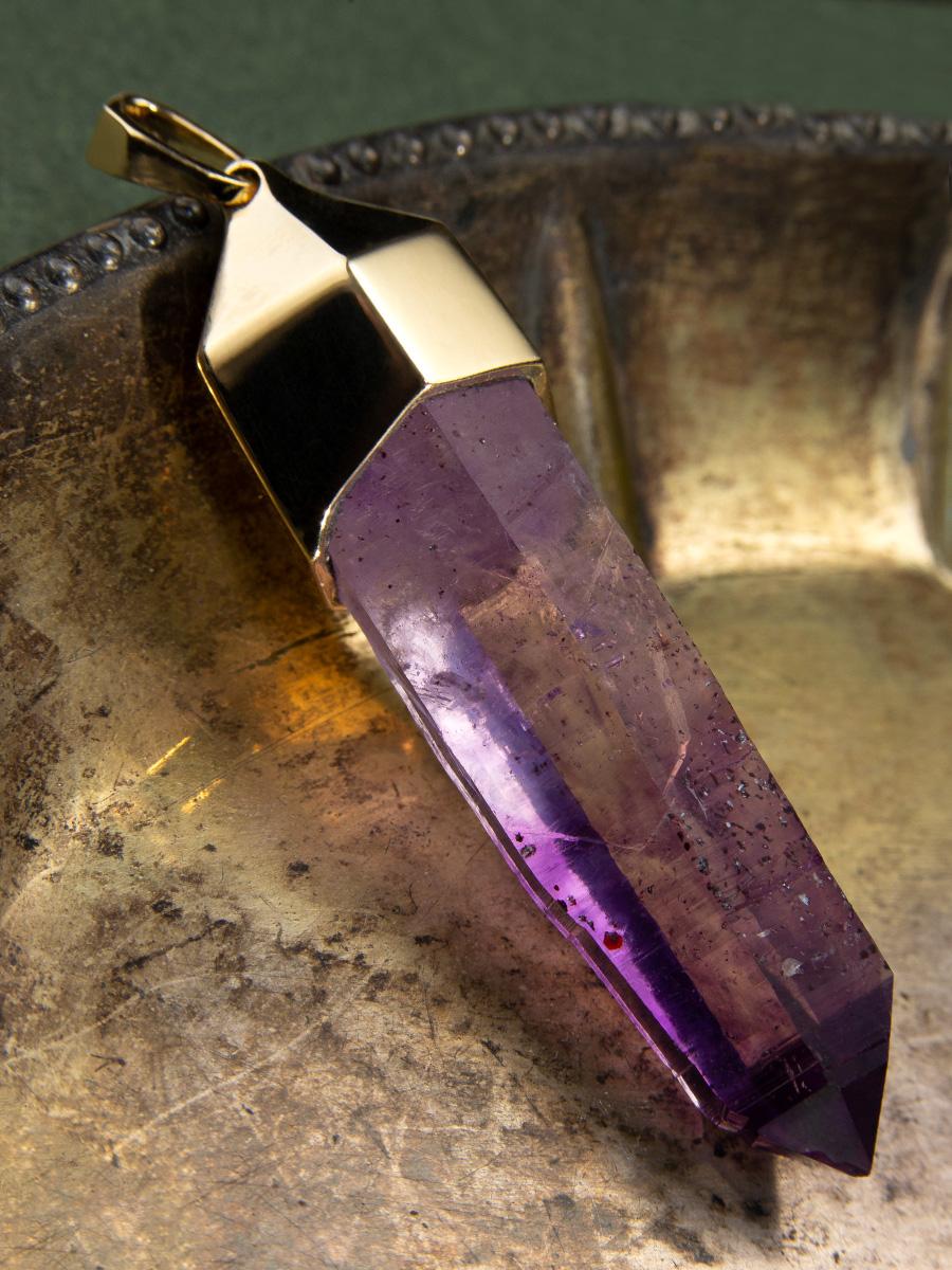 Women's or Men's Amethyst Crystal Gold Necklace on Silk Cord For Sale
