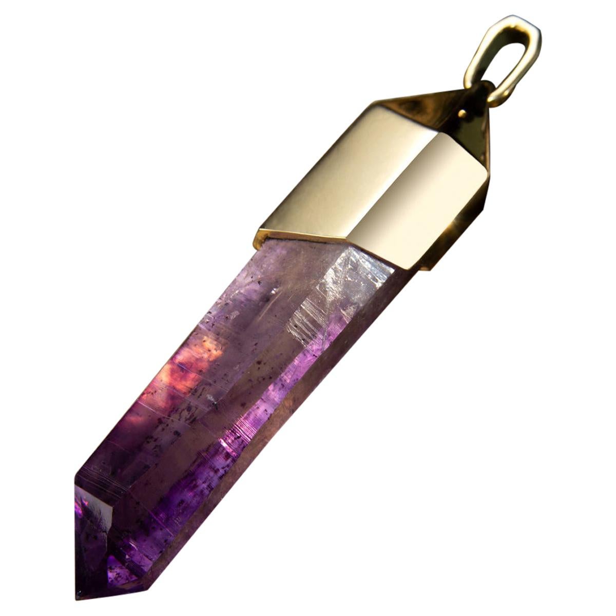 Amethyst Crystal Gold Necklace on Silk Cord For Sale