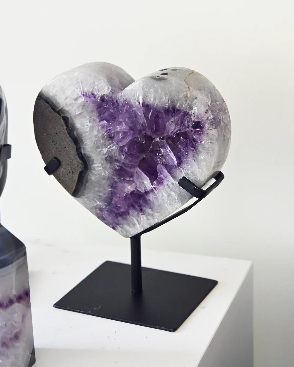 Contemporary Amethyst Crystal Heart Shaped Natural Specimen on a Custom-made Stand For Sale