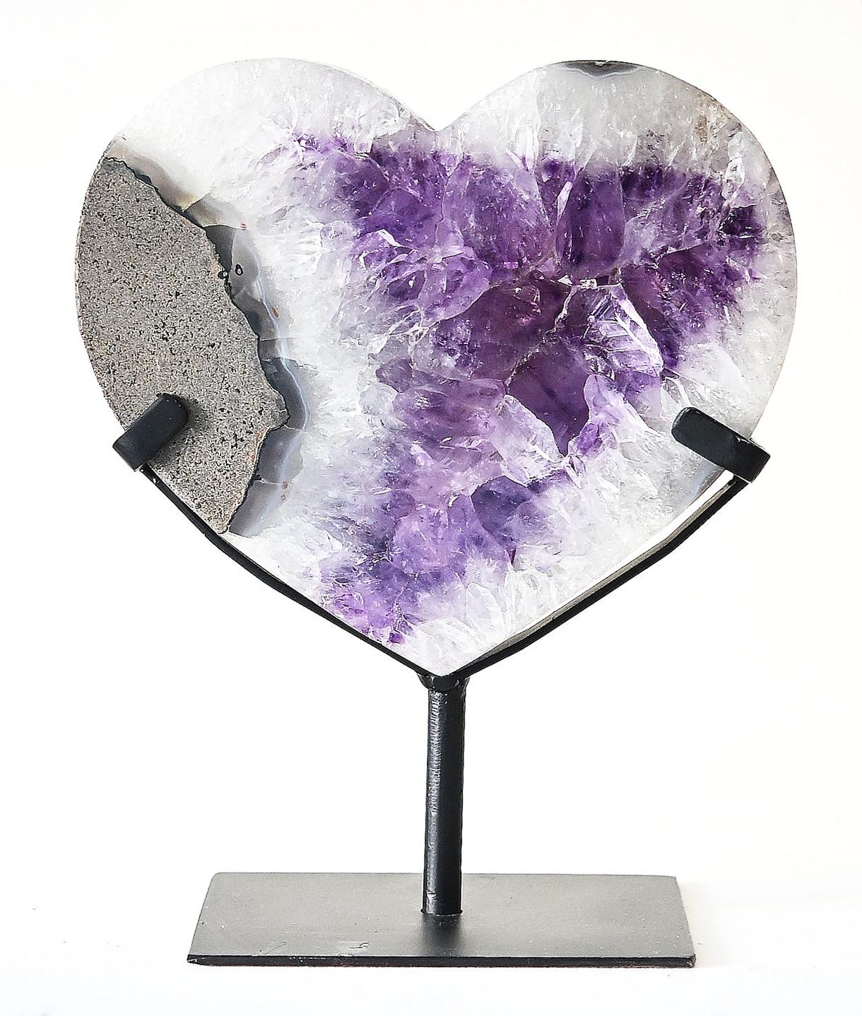 Metal Amethyst Crystal Heart Shaped Natural Specimen on a Custom-made Stand For Sale