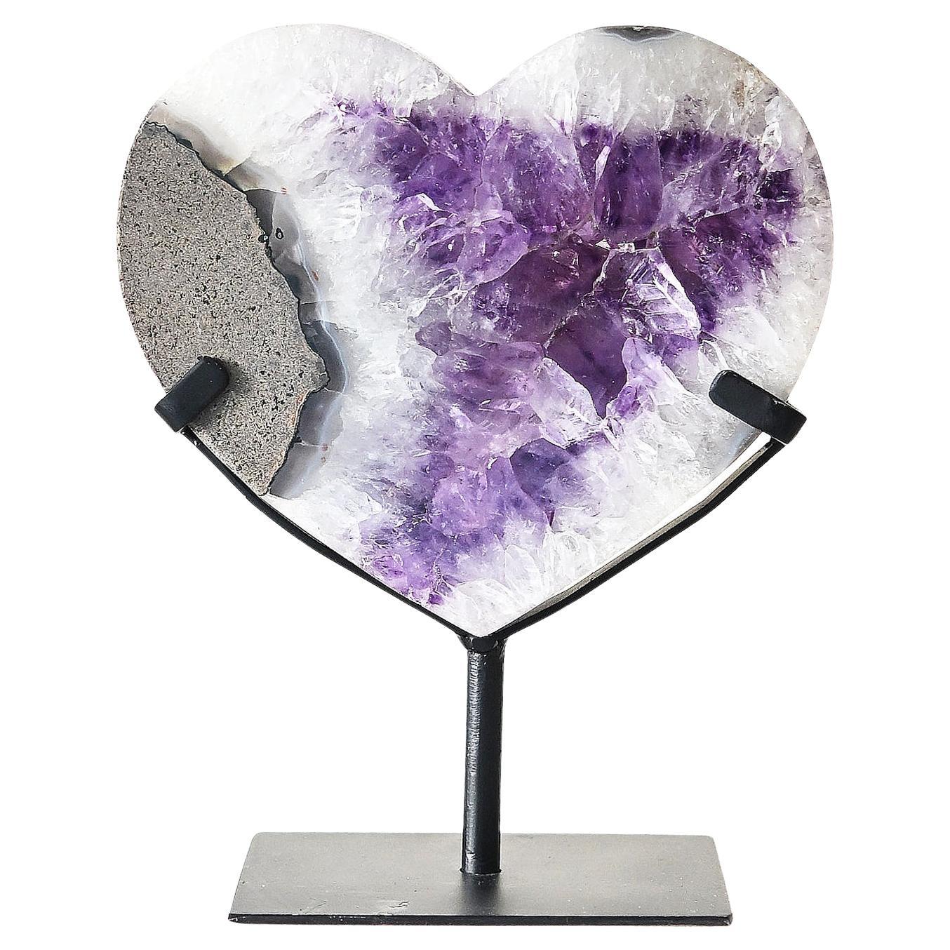 Amethyst Crystal Heart Shaped Natural Specimen on a Custom-made Stand For Sale