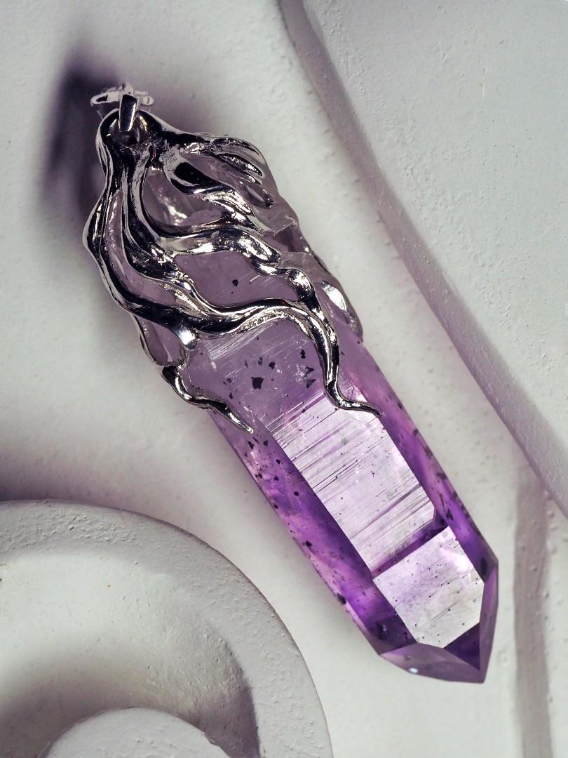 Women's or Men's Amethyst Crystal Necklace White Gold Raw Stone Rough For Sale