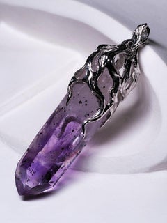 Amethyst Crystal pendant White gold Rare Raw necklace rough