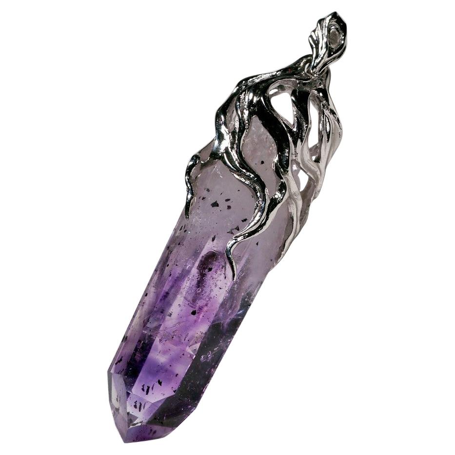 Amethyst Crystal pendant White gold Rare Raw necklace rough For Sale