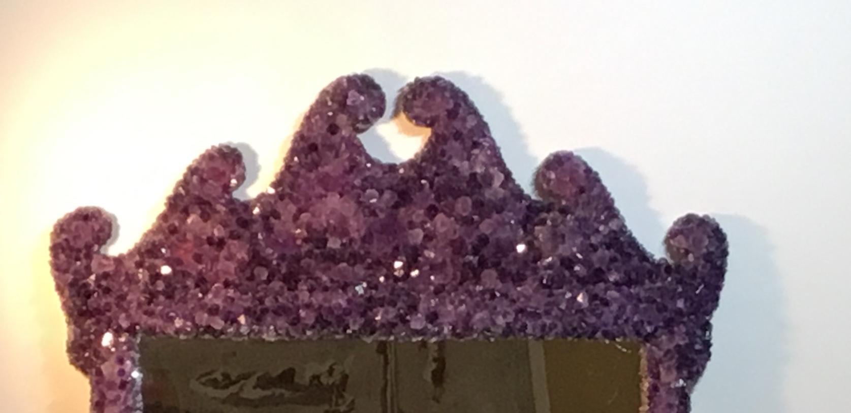 Fantastic wall mirror made of wood frame all artistically embedded with fine beautiful amethyst crystal stone and points, all front and sides. To make one of a kind exceptional object of art for wall display.