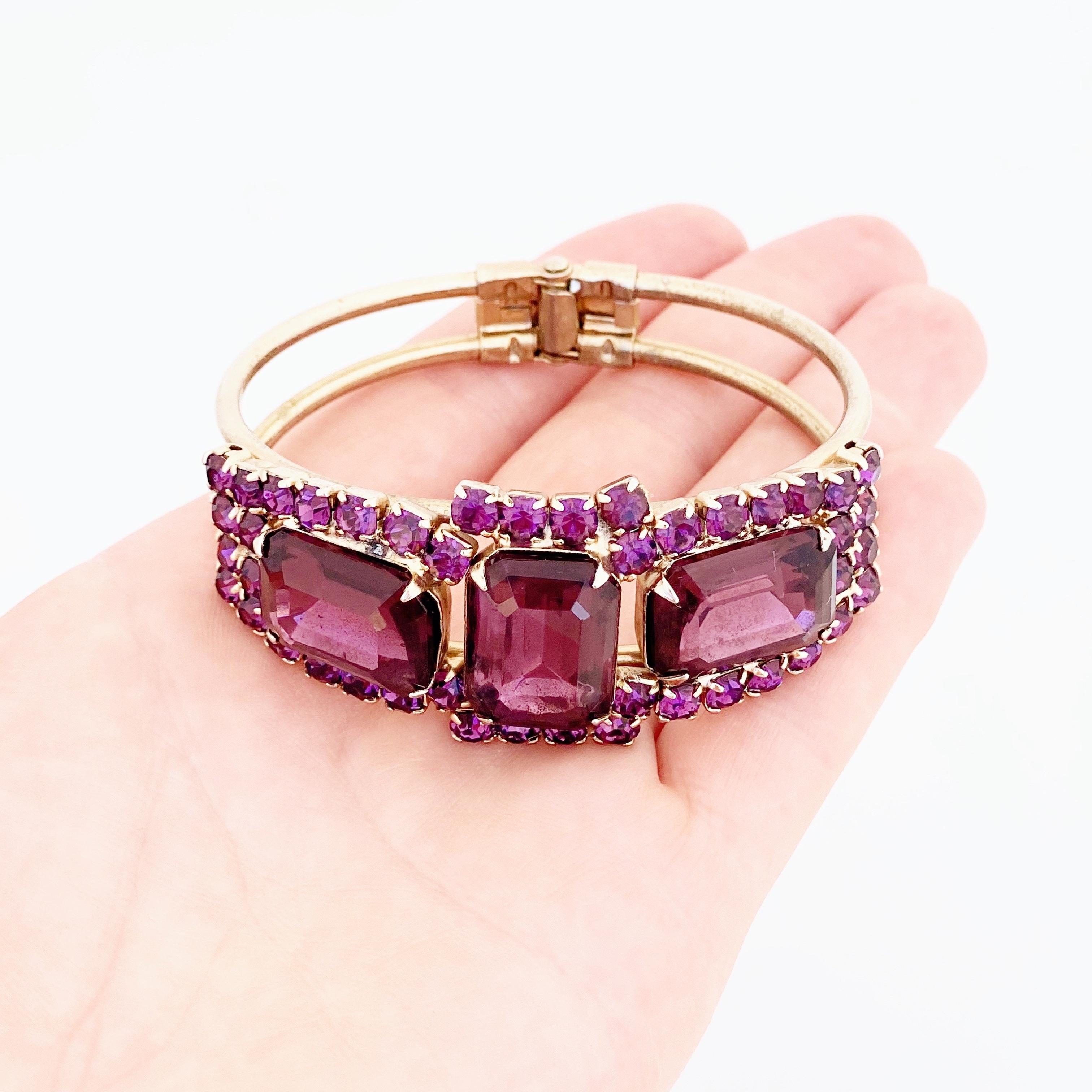 Amethyst Crystal Rhinestone Clamper Bracelet, 1960s 2