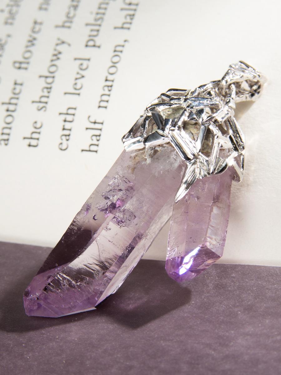 Amethyst Crystal Silver Pendant Magic Healing Stone Heather Purple Mexican Stone In New Condition For Sale In Berlin, DE