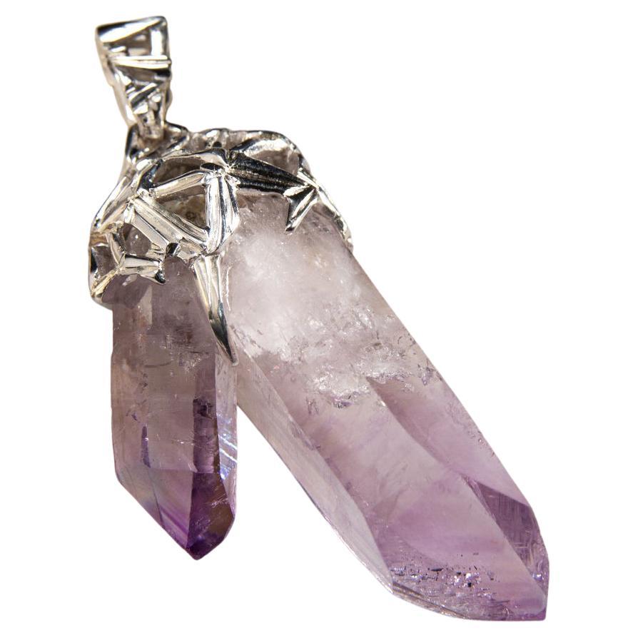 Amethyst Crystal Silver Pendant Magic Healing Stone Heather Purple Mexican Stone