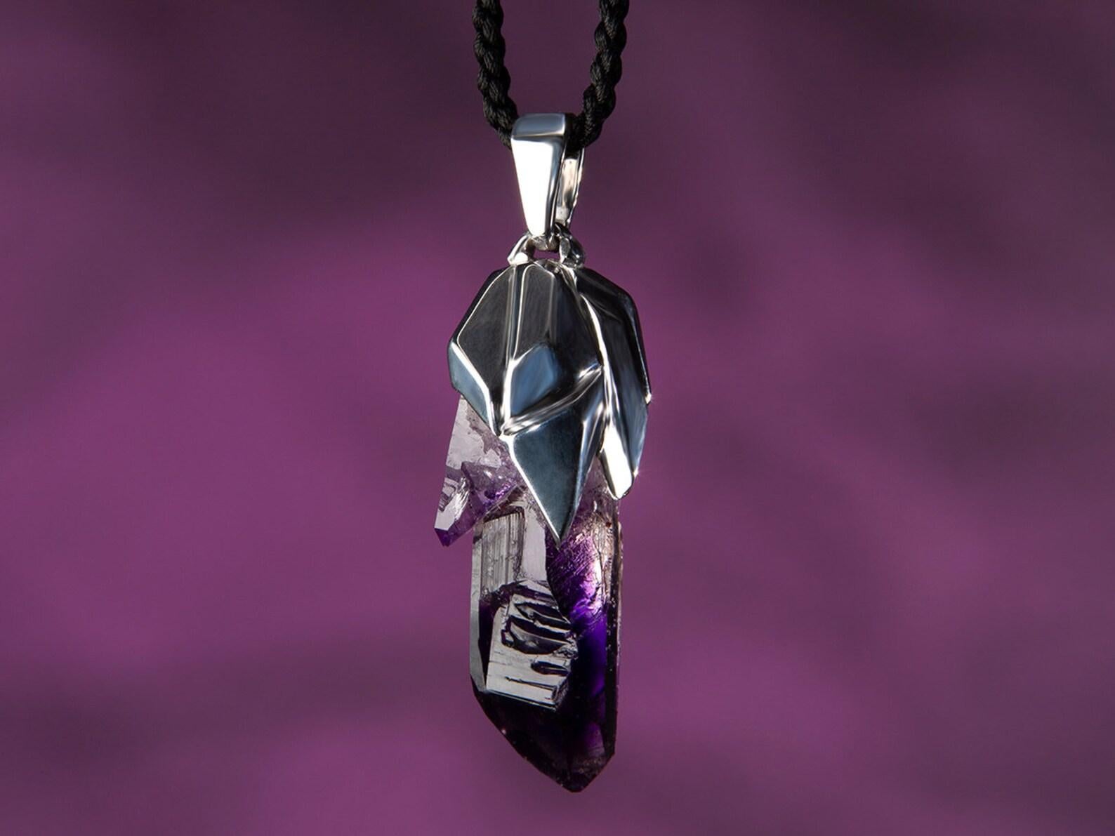 Artisan Amethyst Crystal Silver Pendant Raw Natural Namibian Dark Magic Purple Stone art For Sale