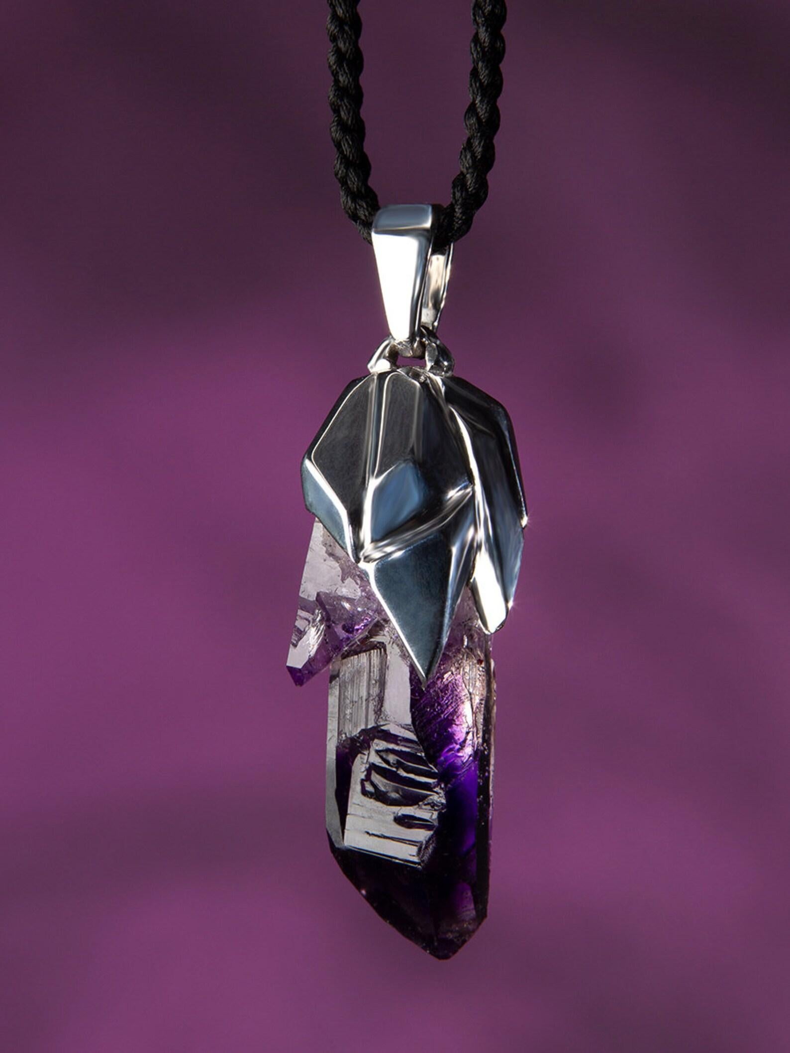 Women's or Men's Amethyst Crystal Silver Pendant Raw Natural Namibian Dark Magic Purple Stone art For Sale