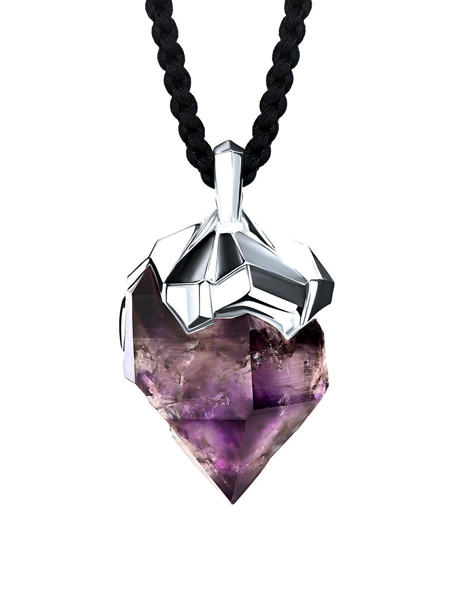 Silver necklace with natural Amethyst crystal on a 100% silk cord made in Japan
Amethyst origin - Russia
amethyst measurements - 0.82 х 0.98 х 1.06 in / 21 х 25 х 27 mm
amethyst weight - 67 carat
necklace weight - 25.14 grams
necklace height - 1.57