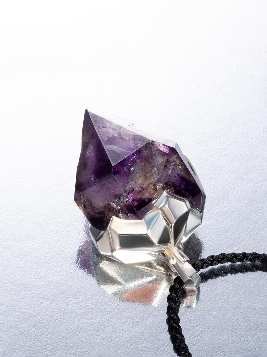 Artisan Amethyst Crystal Silver Pendant Raw Purple Necklace For Sale