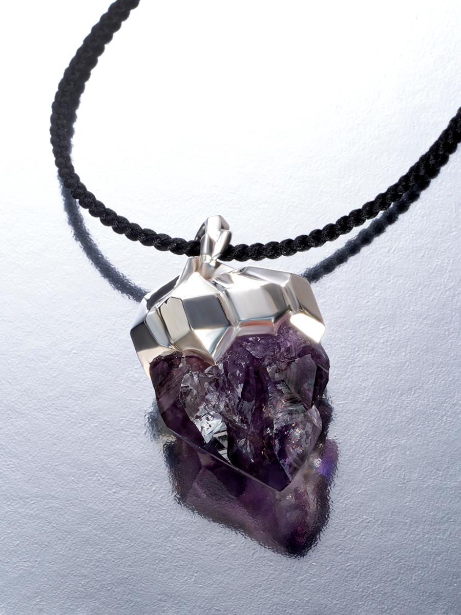 Uncut Amethyst Crystal Silver Pendant Raw Purple Necklace For Sale