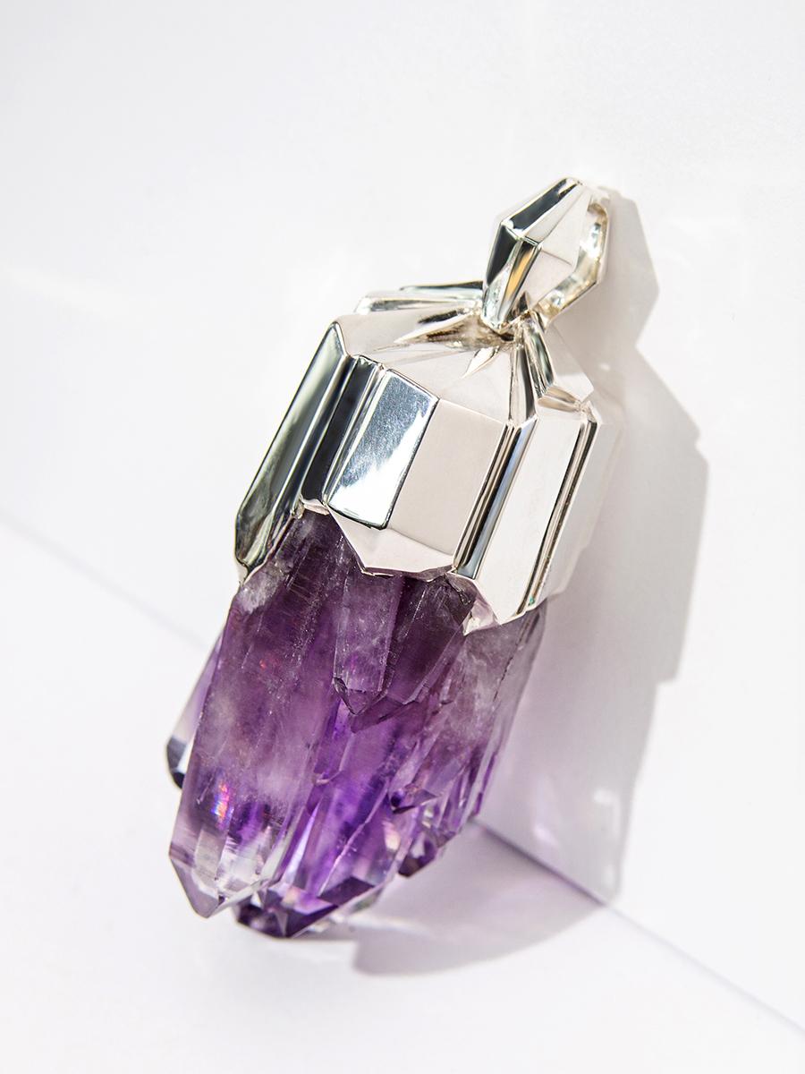 Women's or Men's Amethyst Crystal Silver Pendant Raw stone Valentine's Day gift necklace