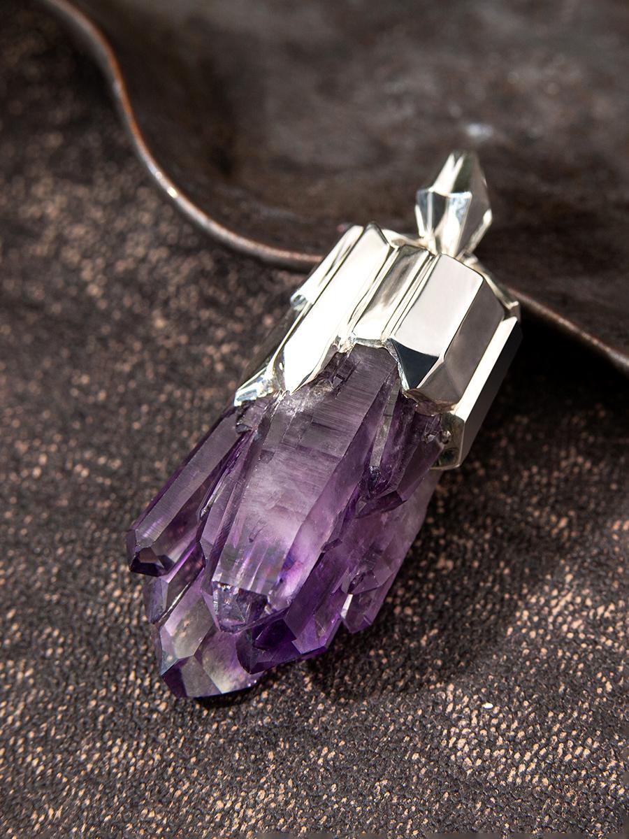 Artisan Amethyst Crystal Silver Pendant Raw stone Wedding anniversary gift special For Sale