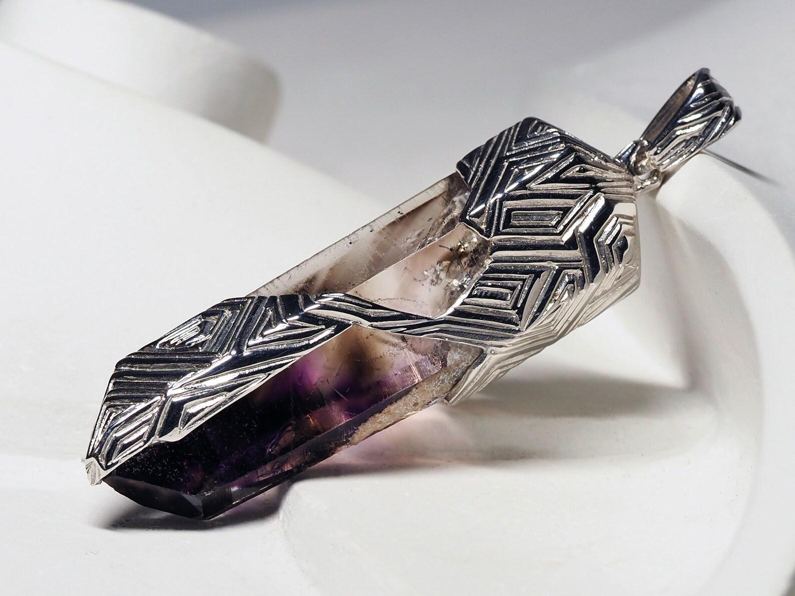 Tapered Baguette Amethyst Crystal Silver Pendant Raw Unisex Jewelry Natural Brandberg Grima slyle For Sale