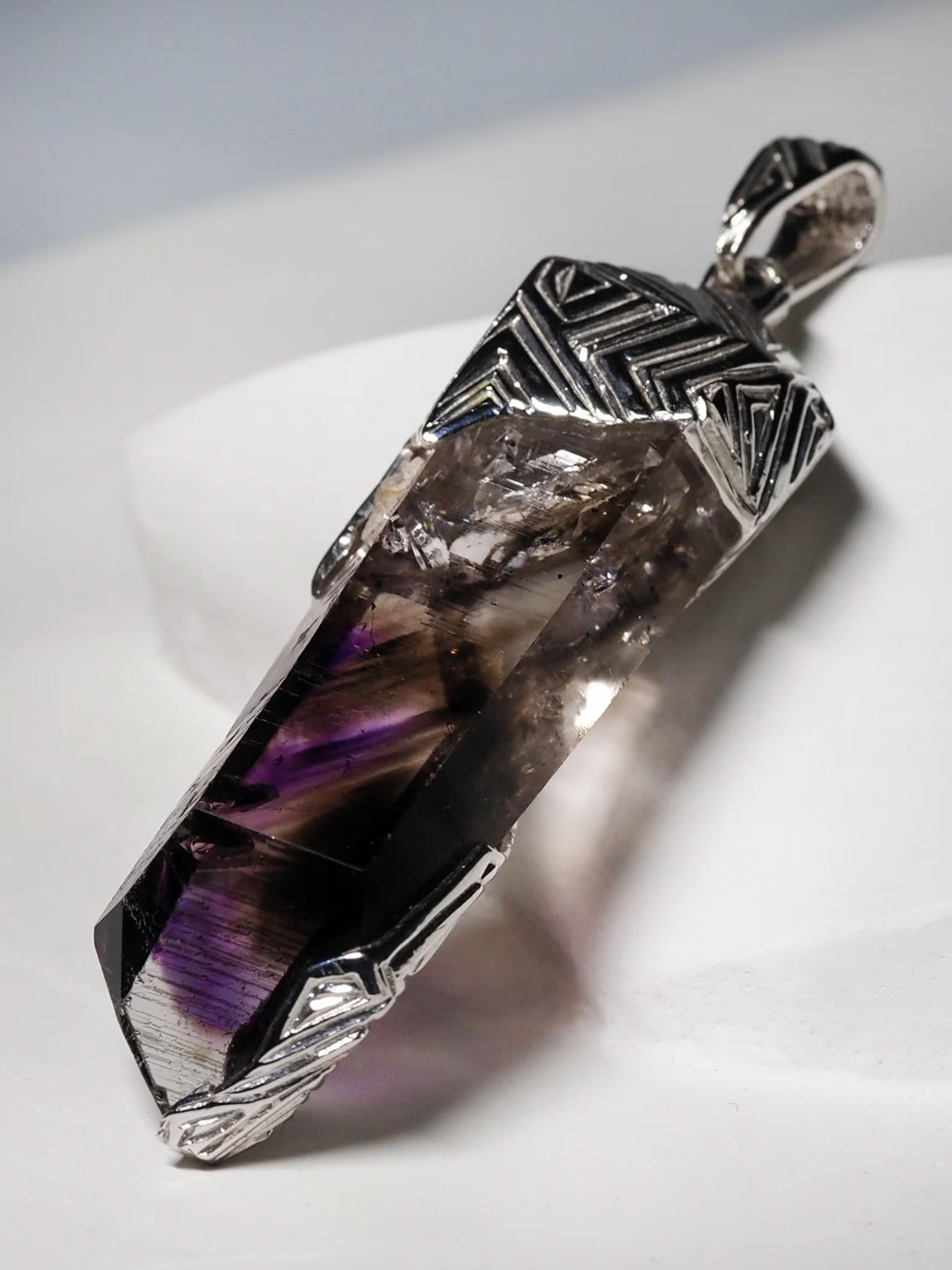 Amethyst Crystal Silver Pendant Raw Unisex Jewelry Natural Brandberg Grima slyle For Sale 1