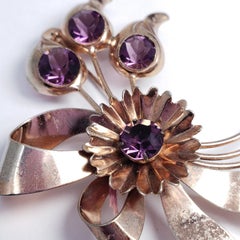 Amethyst Crystal Sterling Silver Flower Pin Brooch, Mid 1900s Collectible