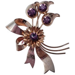 Retro Amethyst Crystal Sterling Silver Flower Pin Brooch, Mid 1900s Collectible