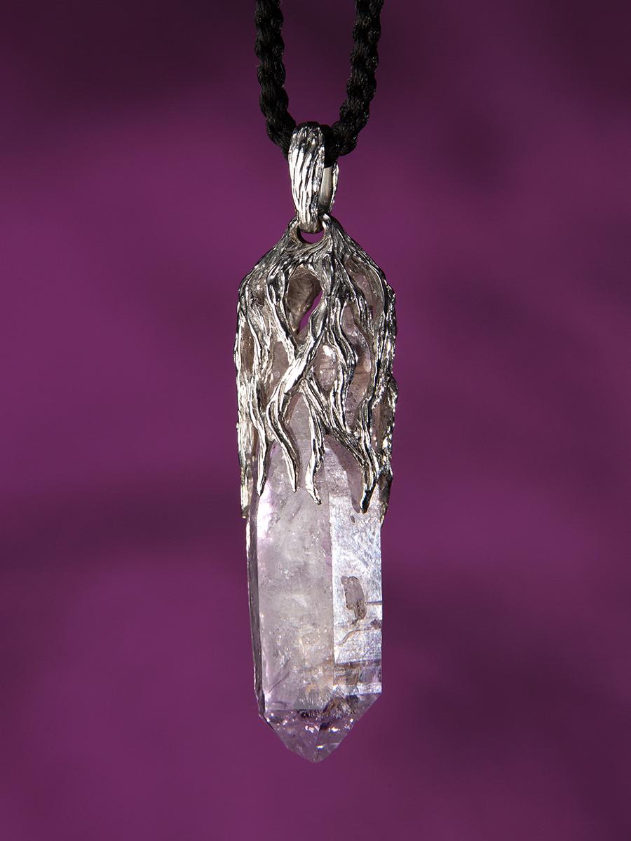 Women's or Men's Amethyst Crystal White Gold Pendant Raw uncut crystal