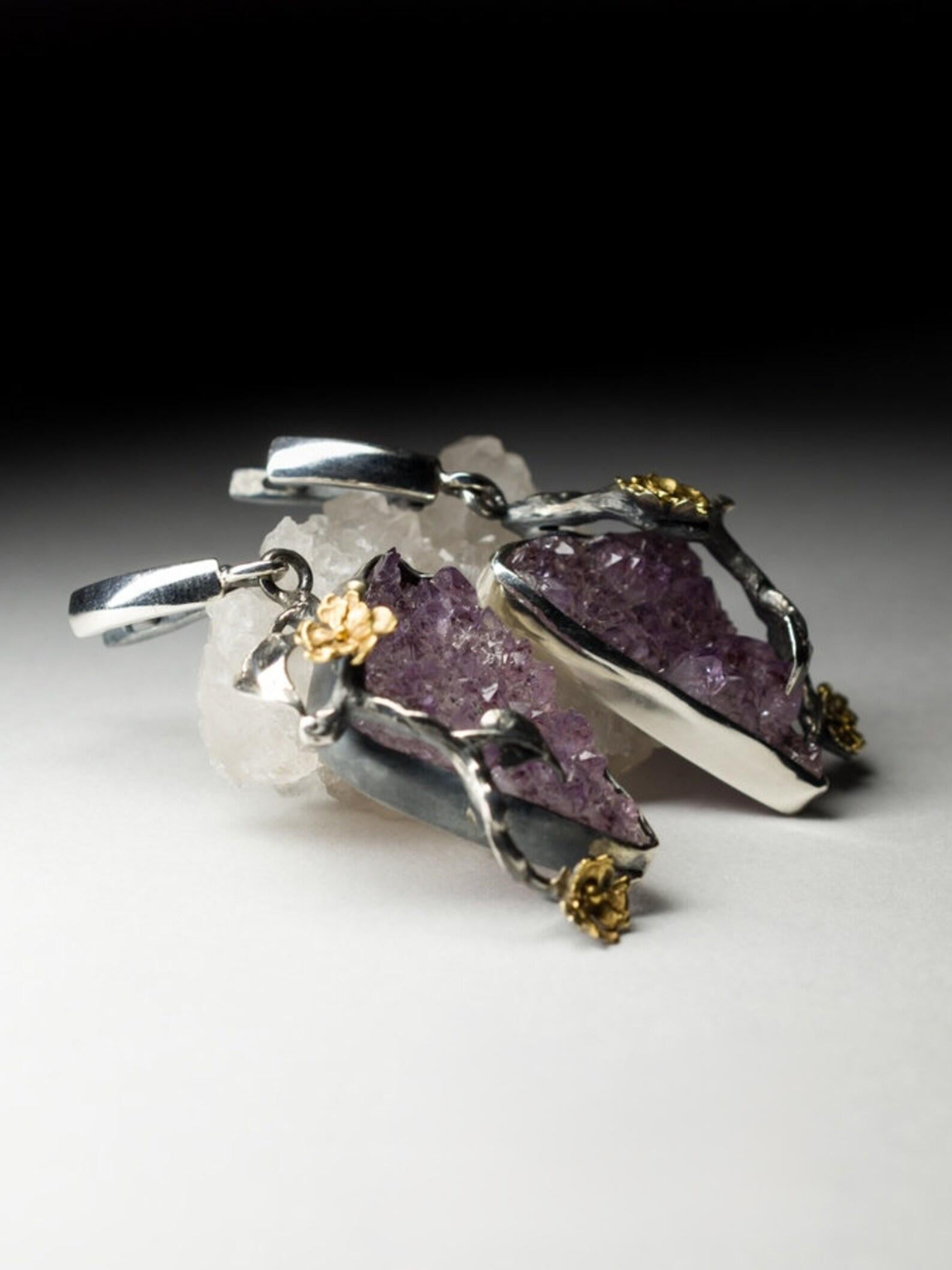 Trillion Cut Amethyst Crystals Silver Earrings Natural Purple Healing Rough Raw Gemstone For Sale