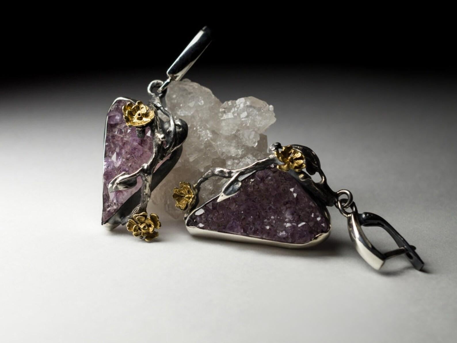 Amethyst Crystals Silver Earrings Natural Purple Healing Rough Raw Gemstone In New Condition For Sale In Berlin, DE