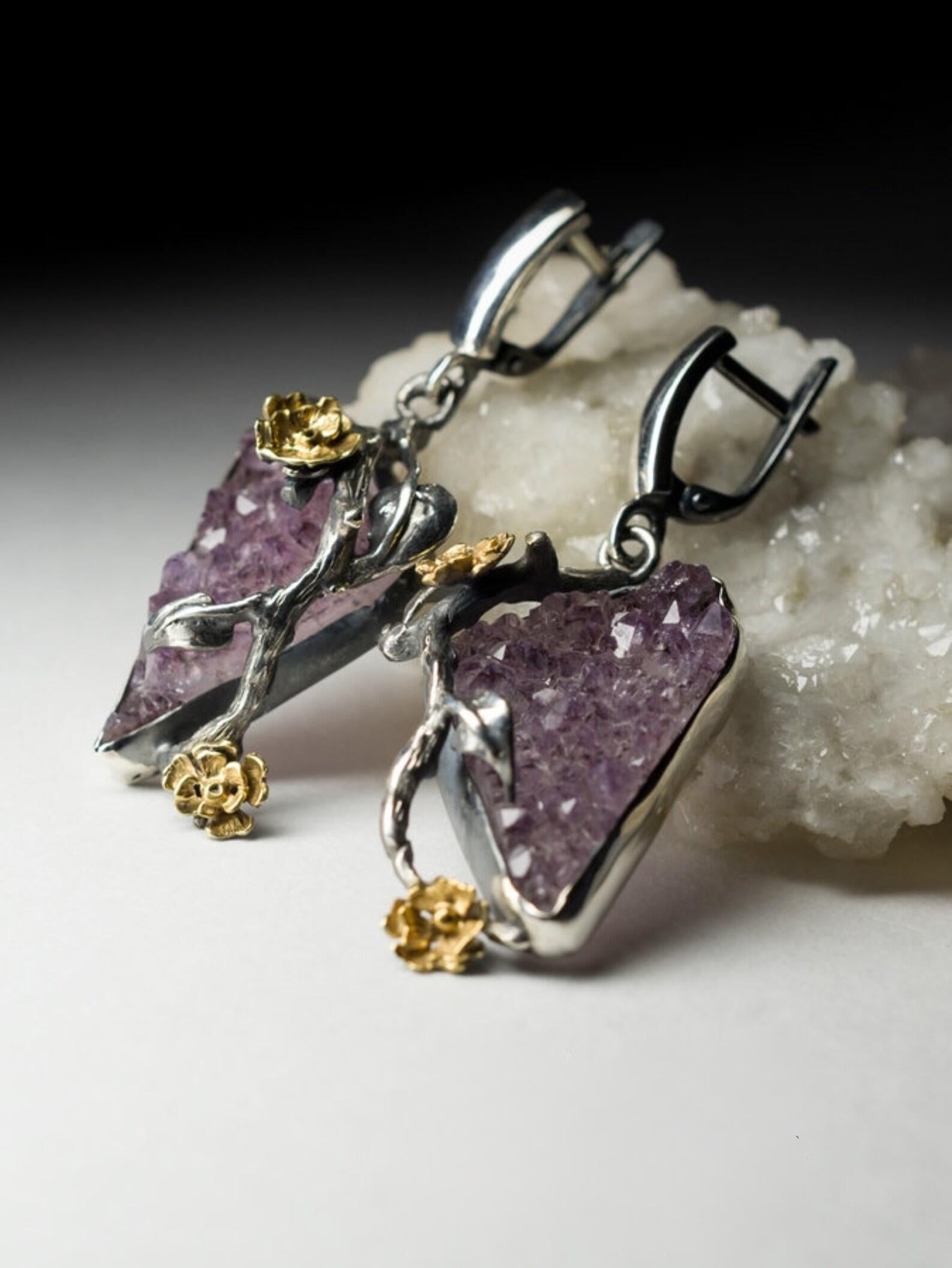 Women's or Men's Amethyst Crystals Silver Earrings Natural Purple Healing Rough Raw Gemstone For Sale