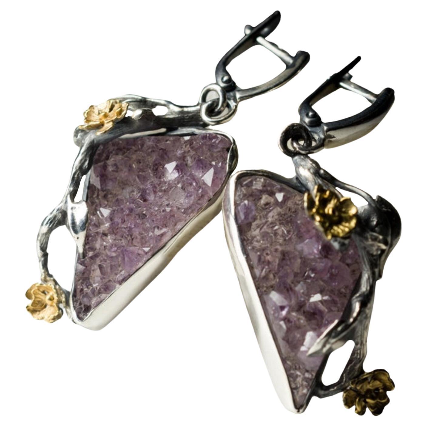 Amethyst Crystals Silver Earrings Natural Purple Healing Rough Raw Gemstone