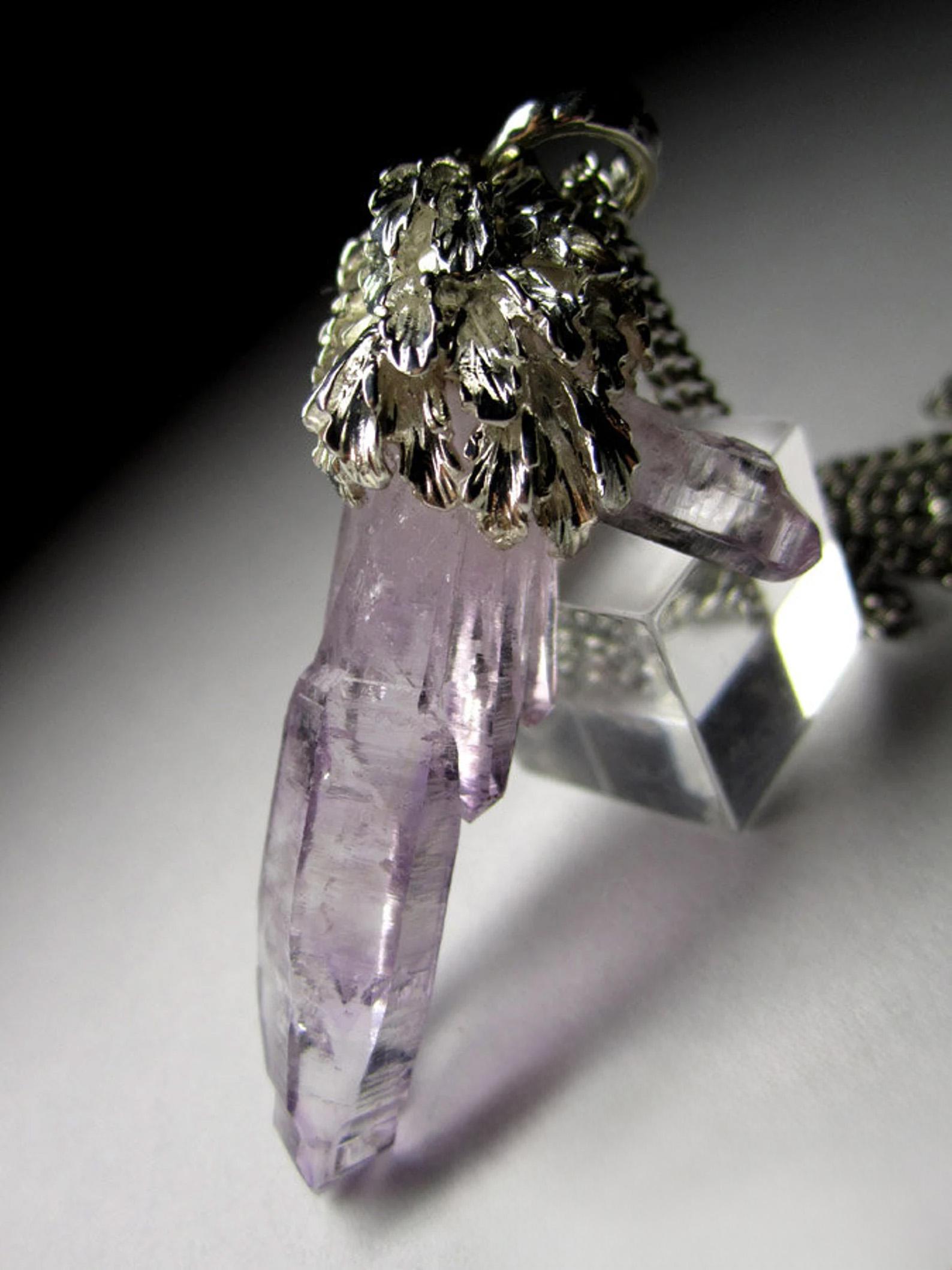 Uncut Amethyst Crystals Silver Necklace Purple Violet Raw Quartz Unisex gift Magic art For Sale