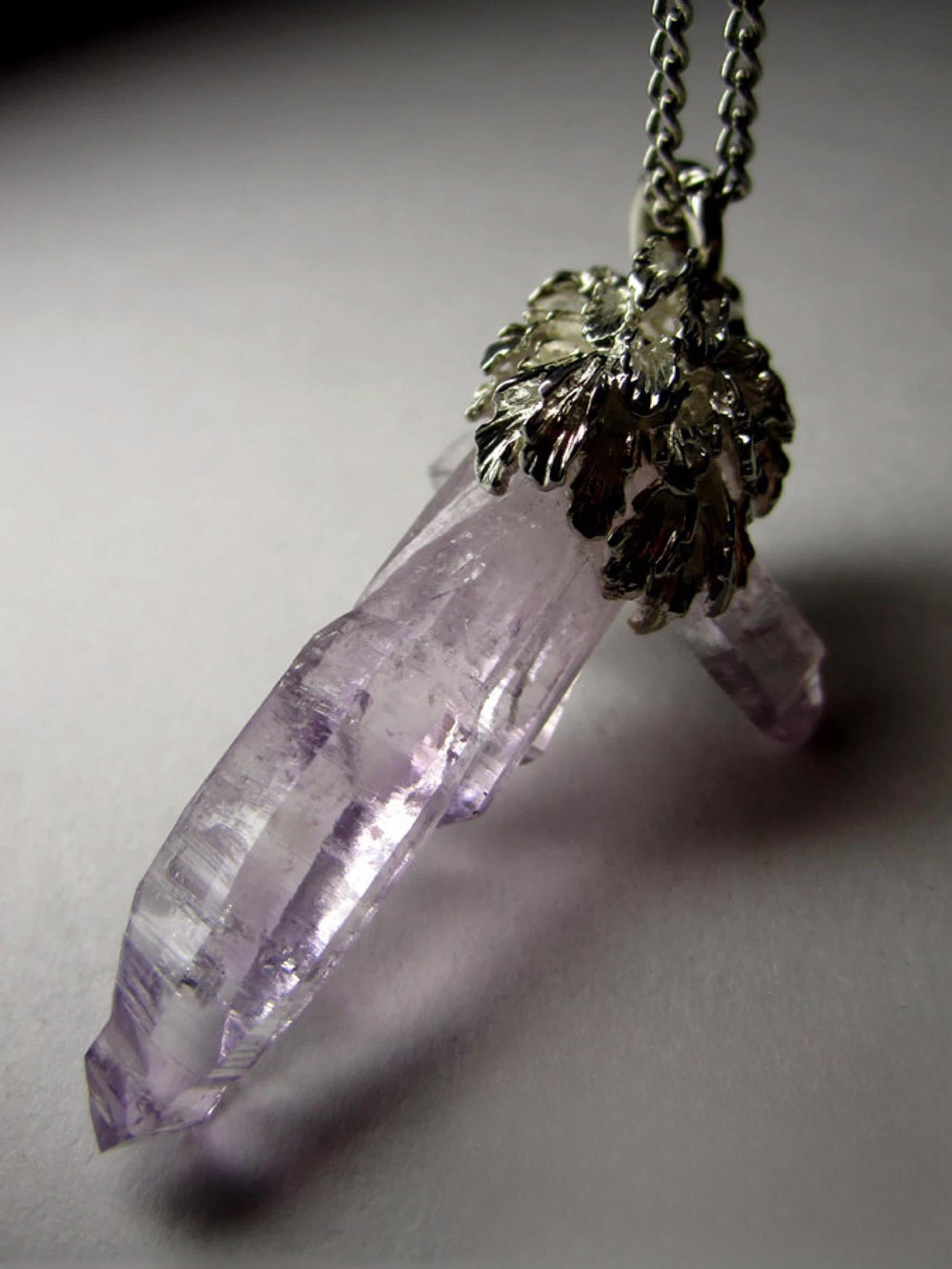 Amethyst Crystals Silver Necklace Purple Violet Raw Quartz Unisex gift Magic art For Sale 3