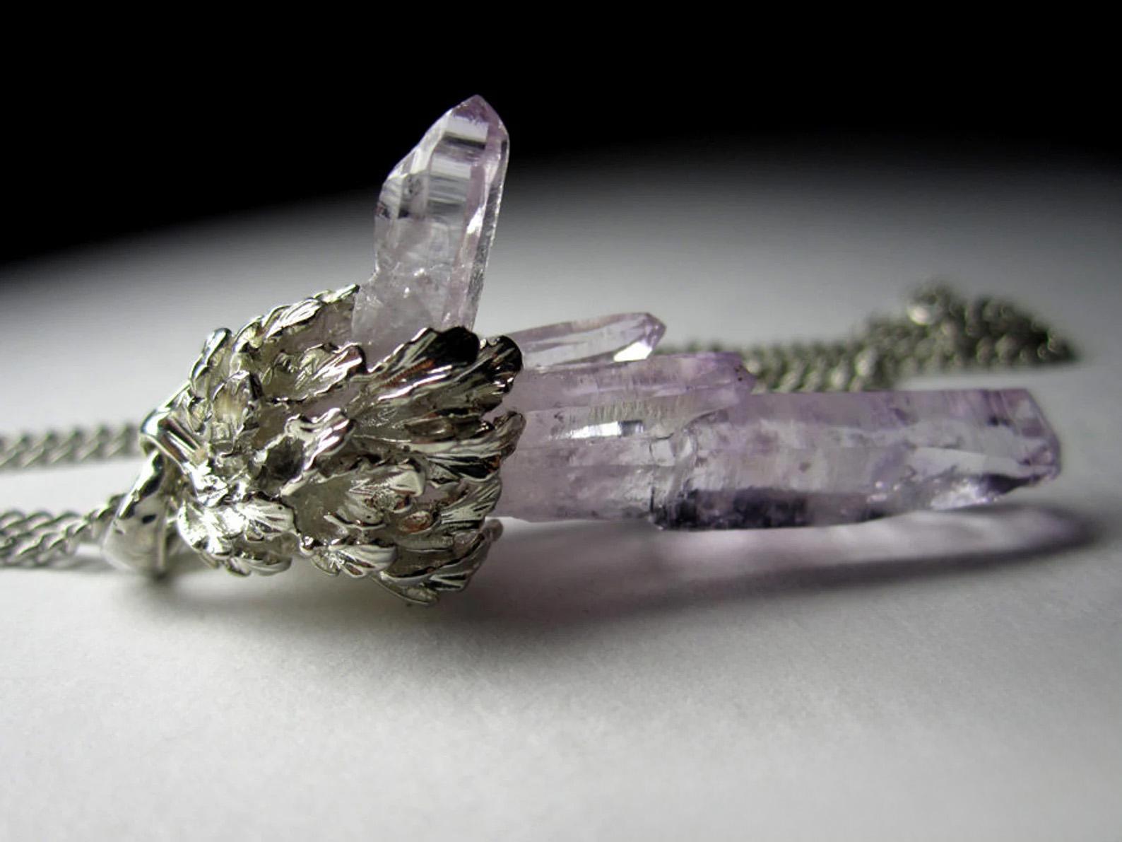 Amethyst Crystals Silver Necklace Purple Violet Raw Quartz Unisex gift Magic art For Sale 4