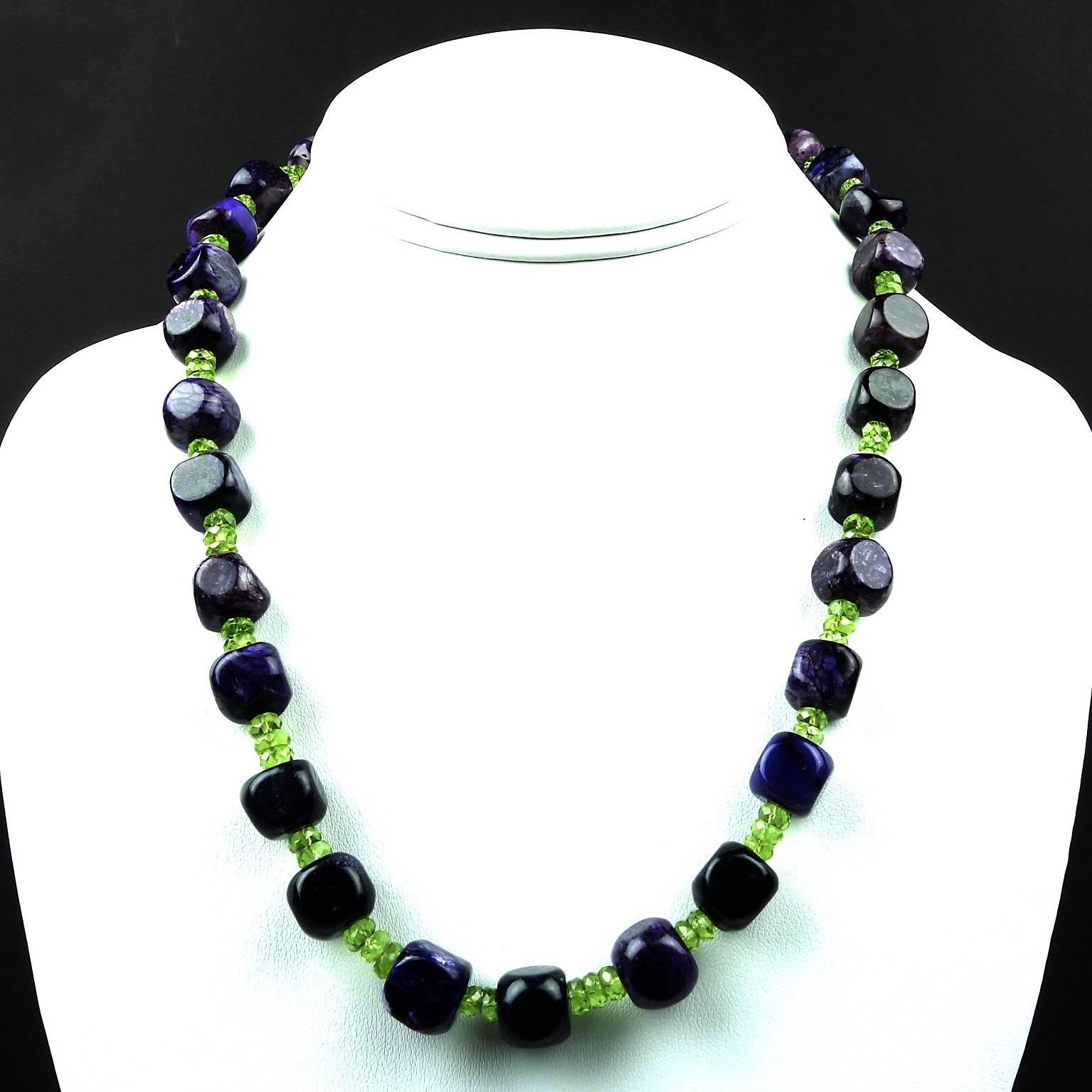 AJD Amethyst Cubes with Peridot accents Necklace February Birthstone In New Condition In Raleigh, NC